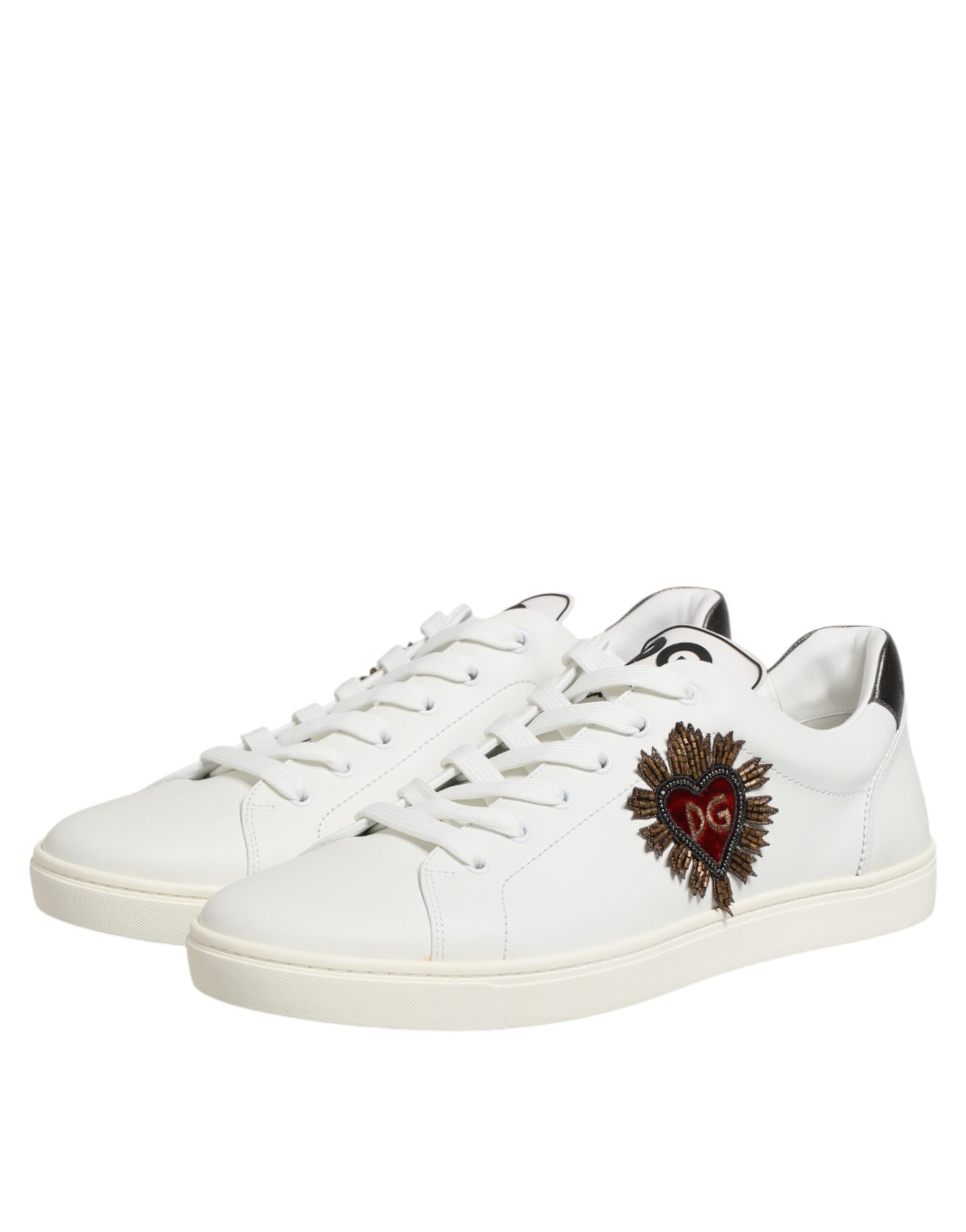 Dolce & Gabbana White Leather Heart Embellished Sneakers Shoes | Regal Royce