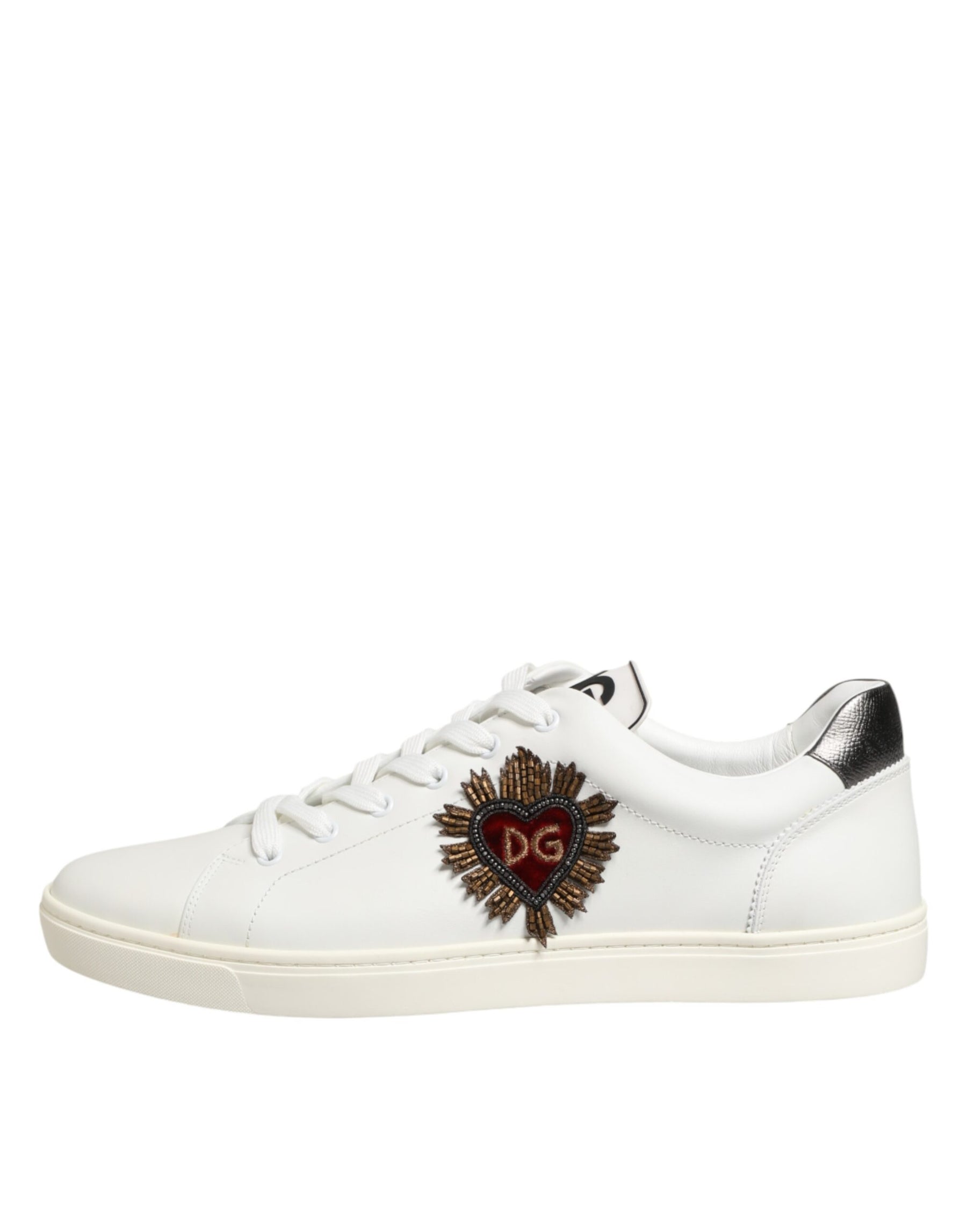 Dolce & Gabbana White Leather Heart Embellished Sneakers Shoes | Regal Royce