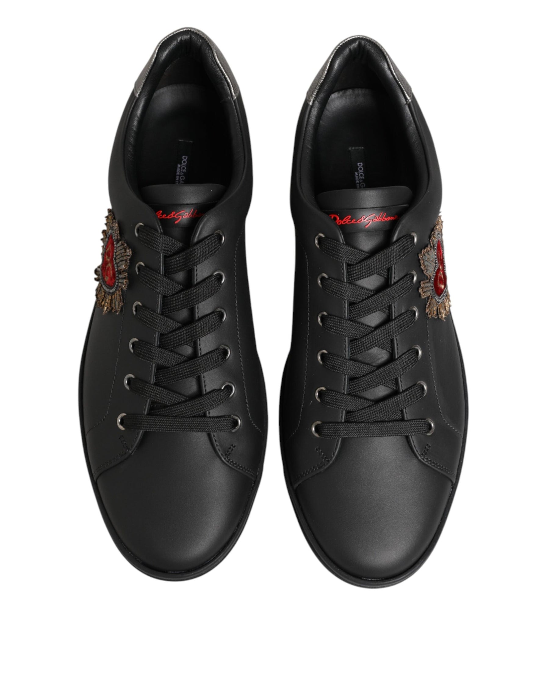Dolce & Gabbana Black Leather Heart Embellished Sneakers Shoes | Regal Royce