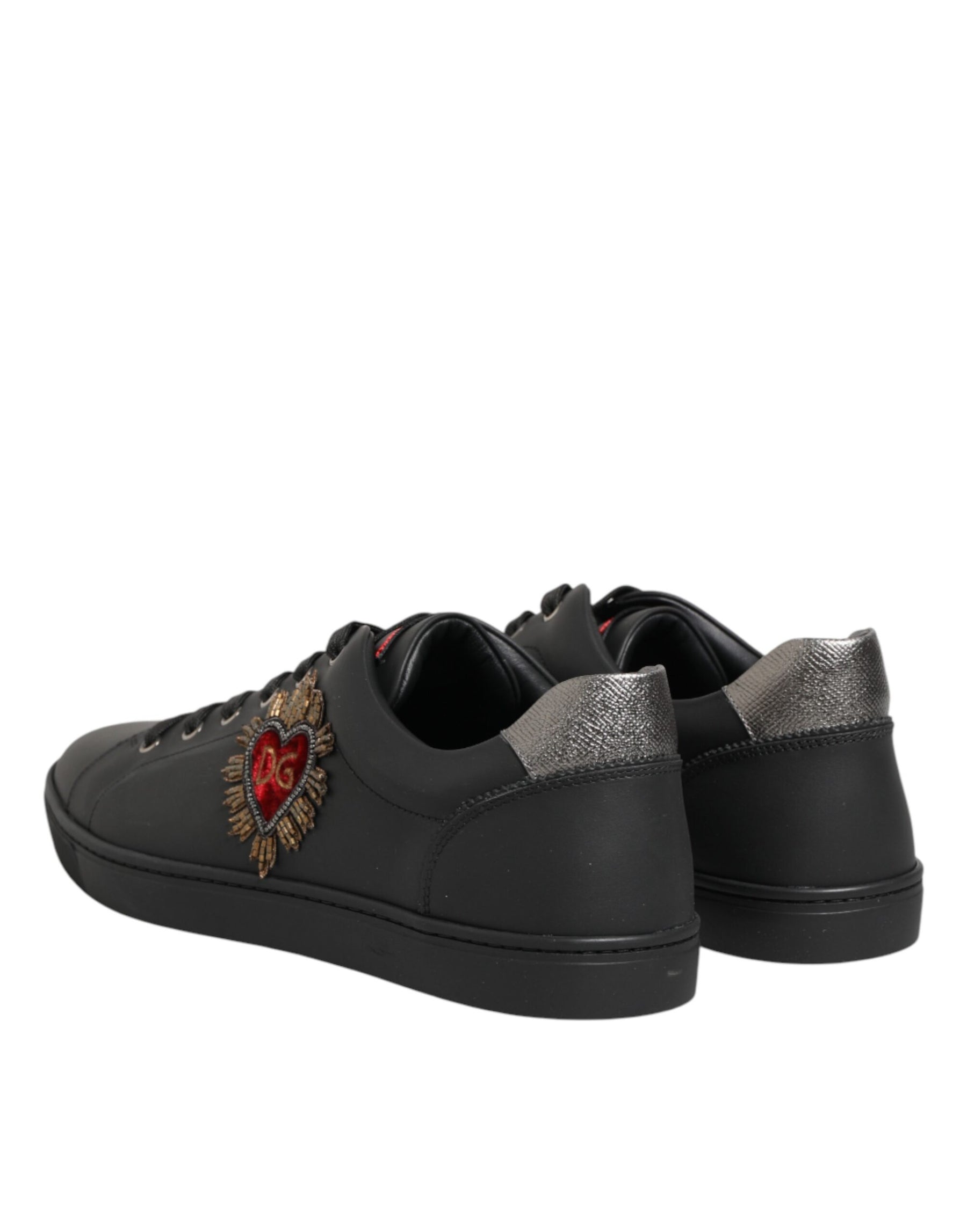 Dolce & Gabbana Black Leather Heart Embellished Sneakers Shoes | Regal Royce