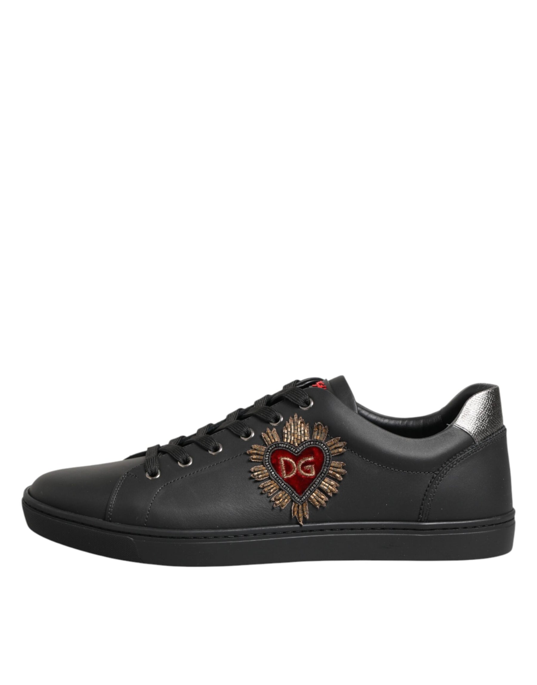 Dolce & Gabbana Black Leather Heart Embellished Sneakers Shoes | Regal Royce