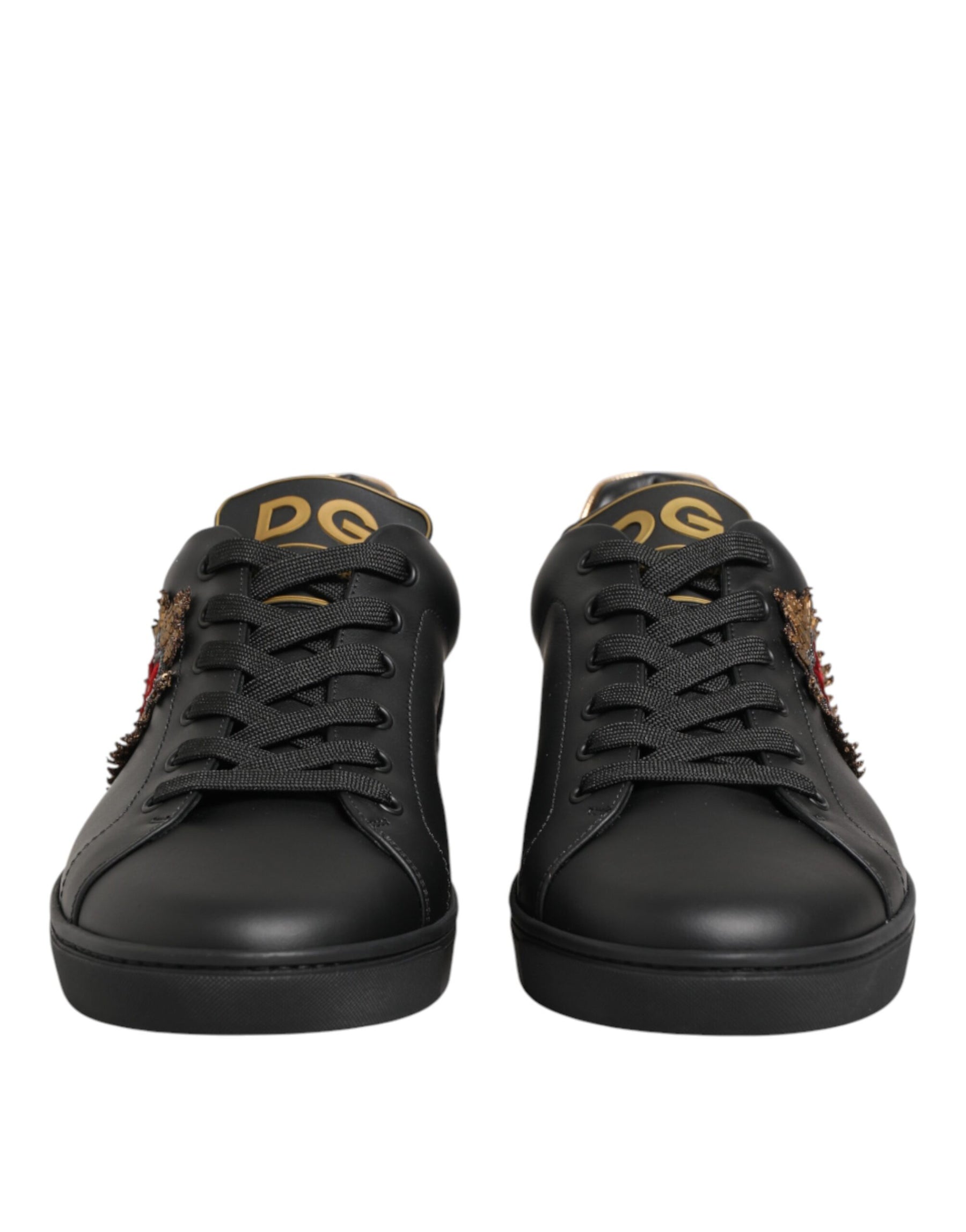 Dolce & Gabbana Black Leather Heart Embellished Sneakers Shoes | Regal Royce