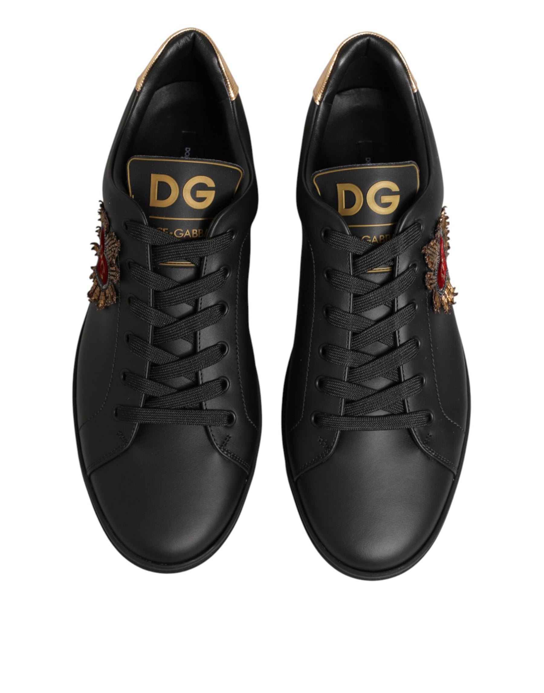 Dolce & Gabbana Black Leather Heart Embellished Sneakers Shoes | Regal Royce