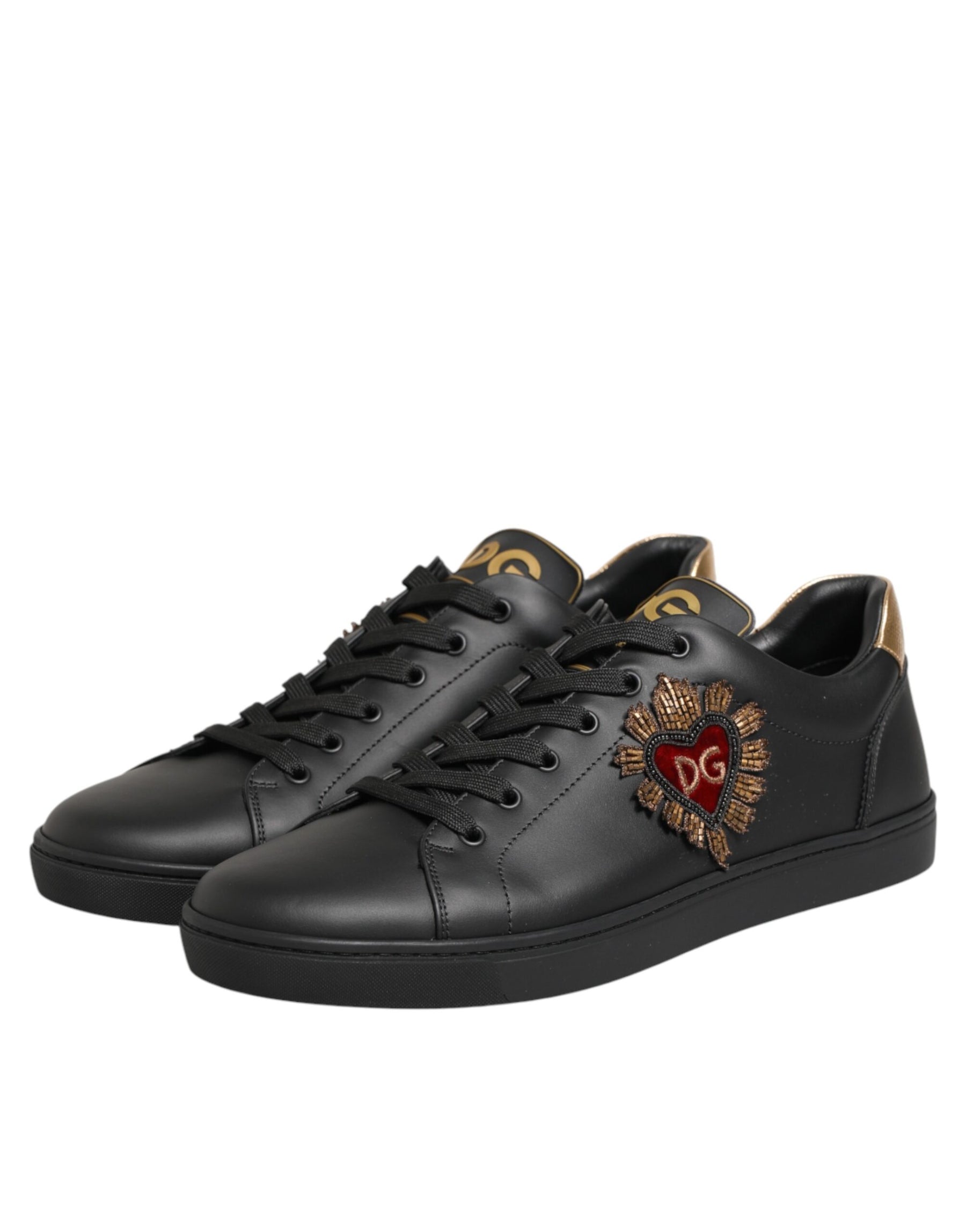 Dolce & Gabbana Black Leather Heart Embellished Sneakers Shoes | Regal Royce