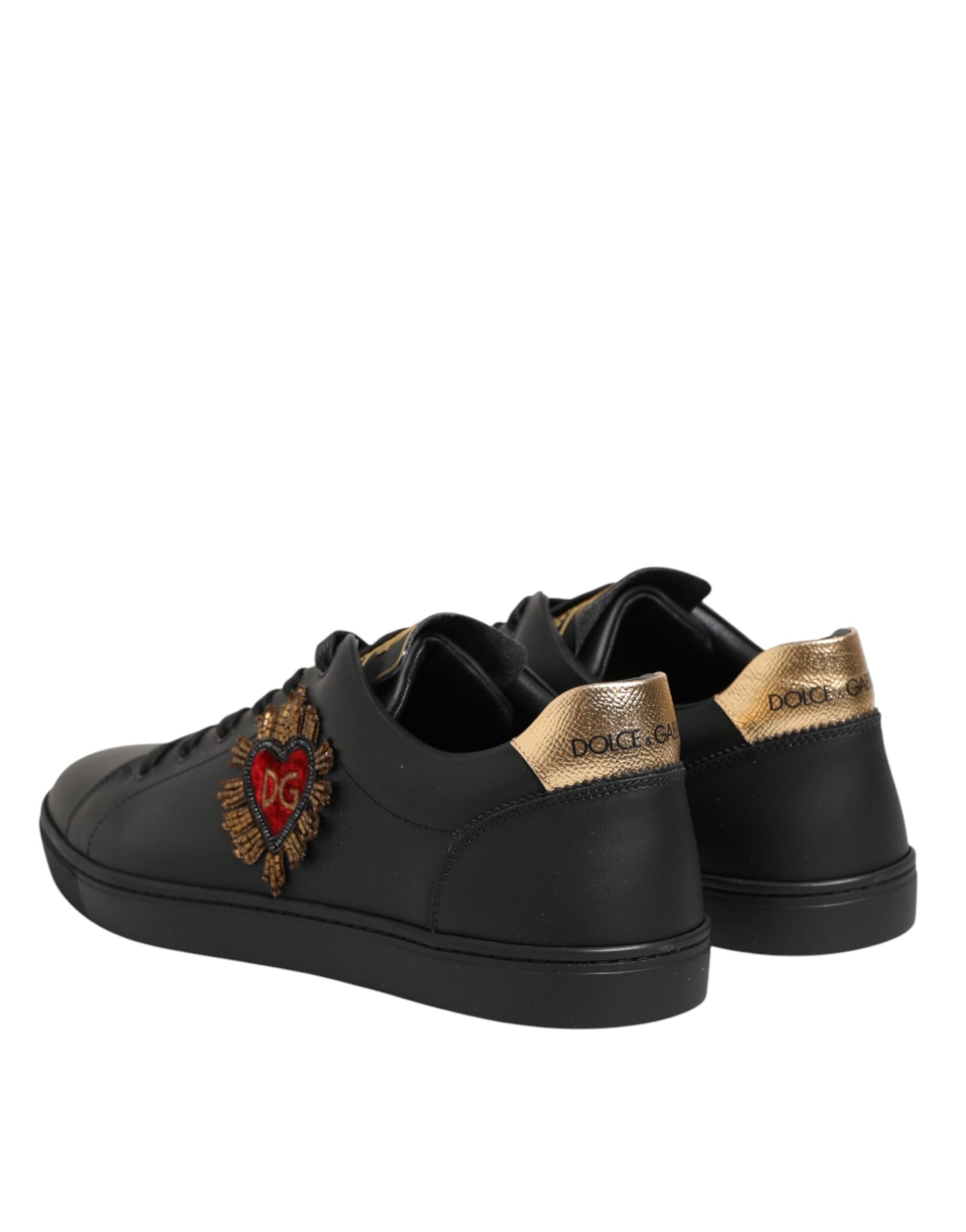 Dolce & Gabbana Black Leather Heart Embellished Sneakers Shoes | Regal Royce
