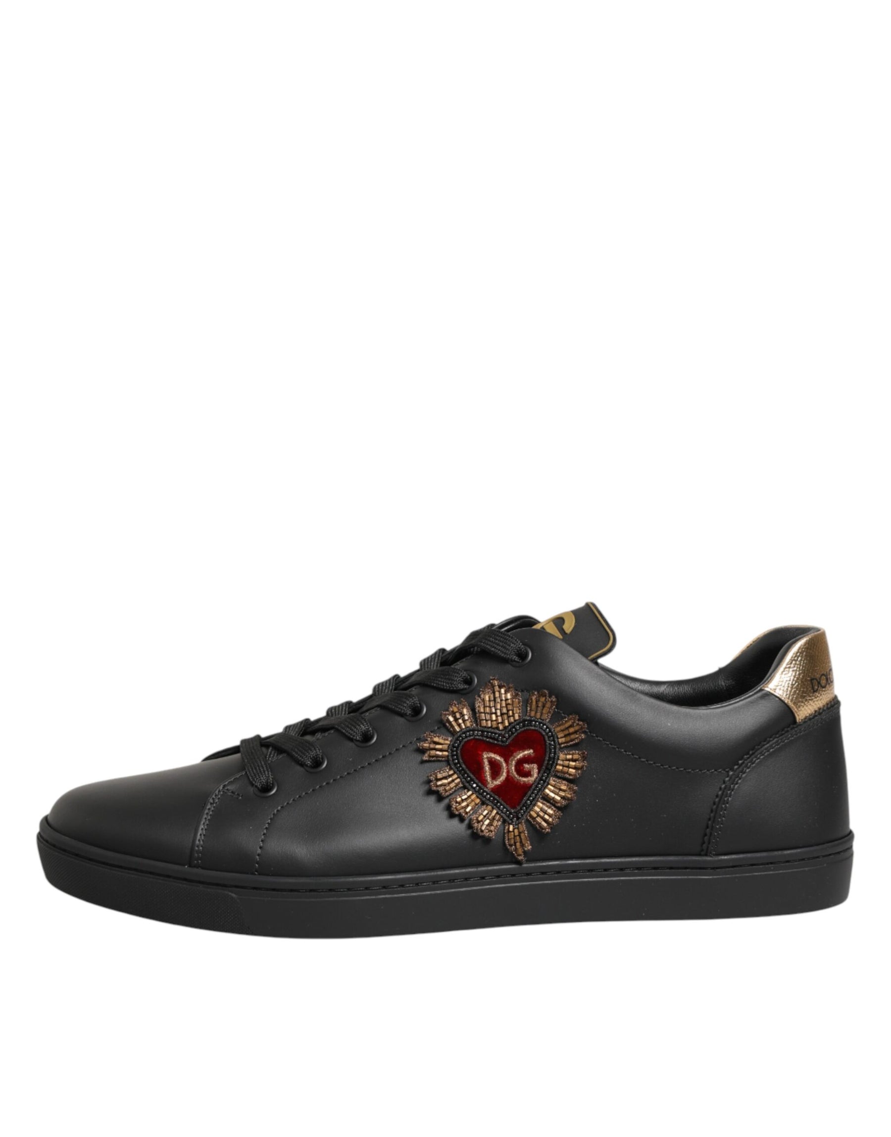 Dolce & Gabbana Black Leather Heart Embellished Sneakers Shoes | Regal Royce