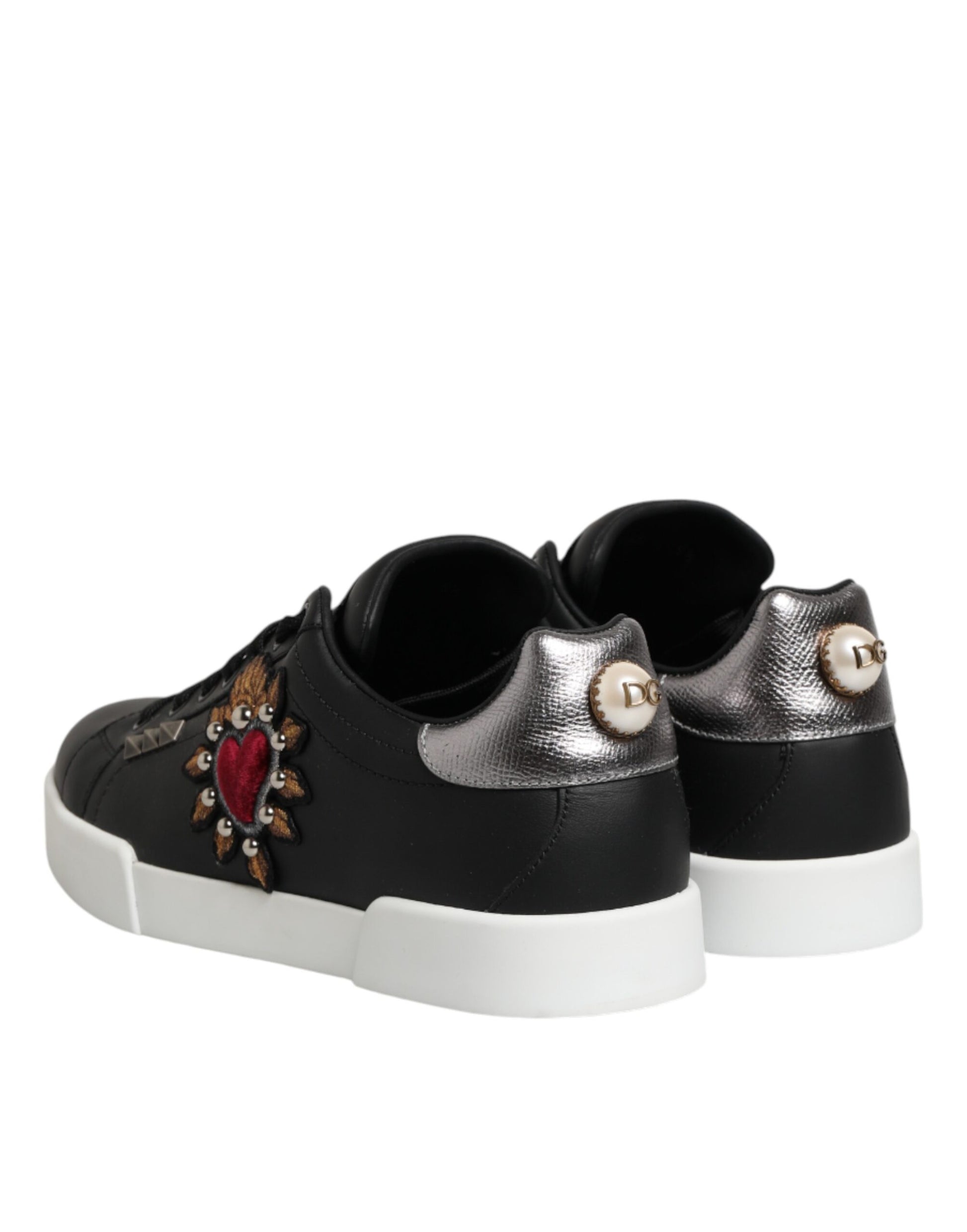 Dolce & Gabbana Black Leather Heart Embellished Sneakers Shoes