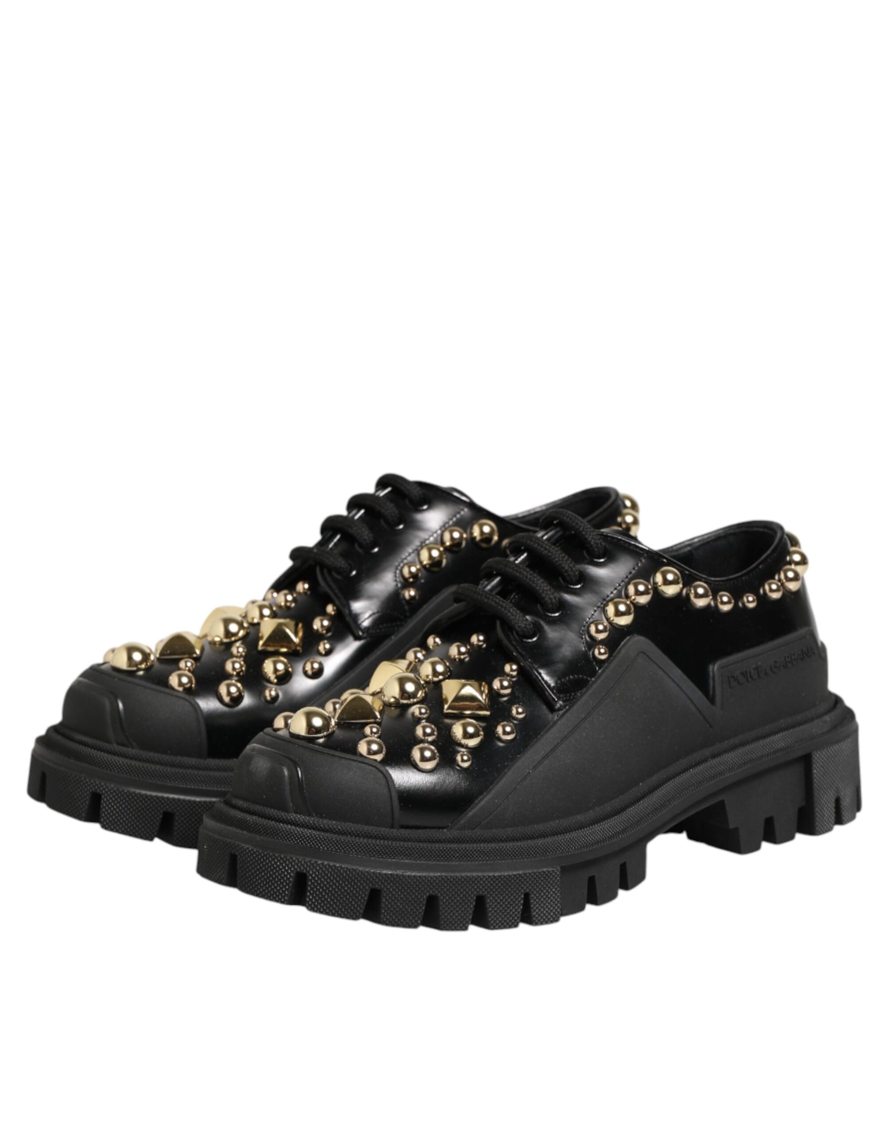 Dolce & Gabbana Black Leather Jeweled Crystals Derby Shoes | Regal Royce