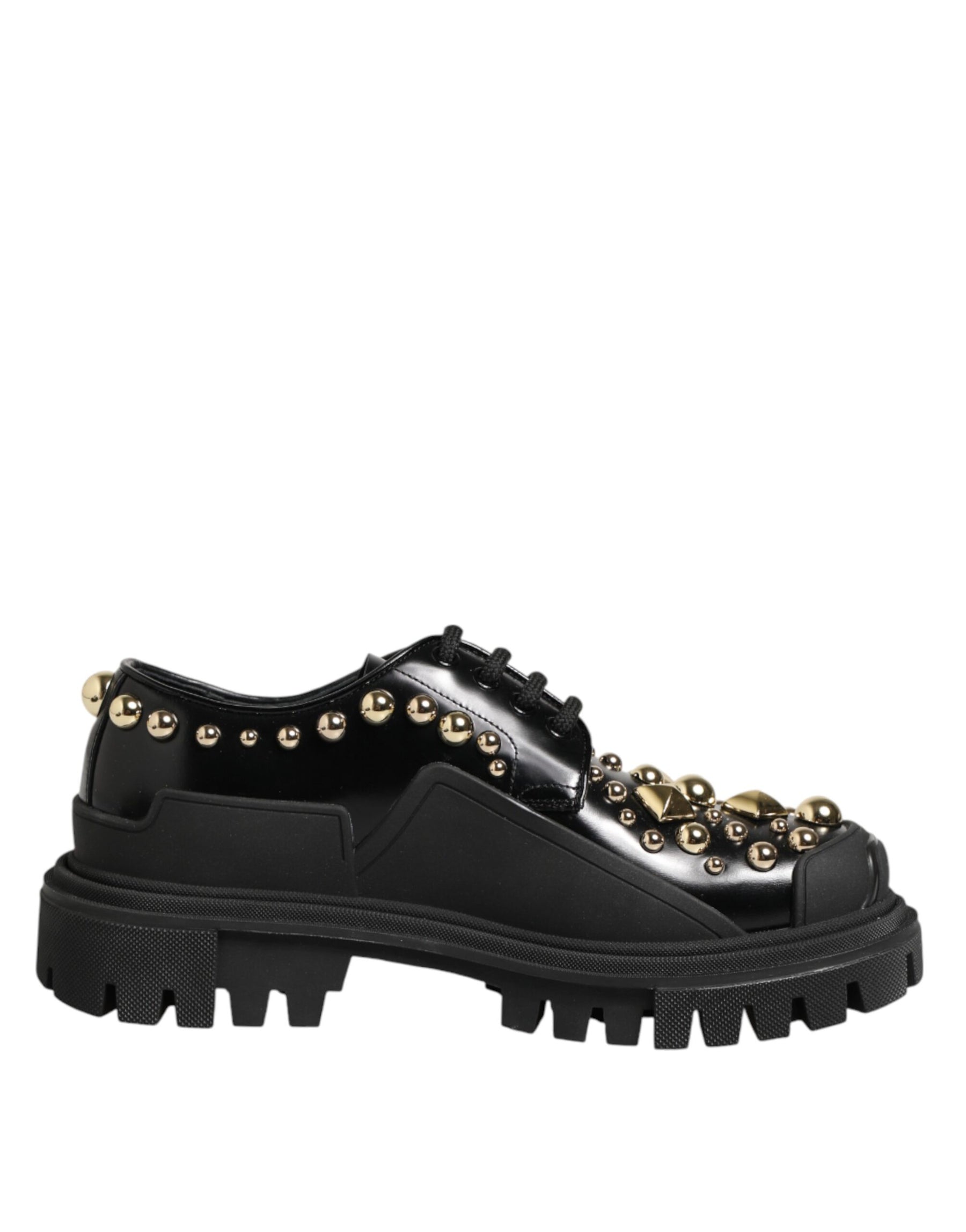 Dolce & Gabbana Black Leather Jeweled Crystals Derby Shoes | Regal Royce