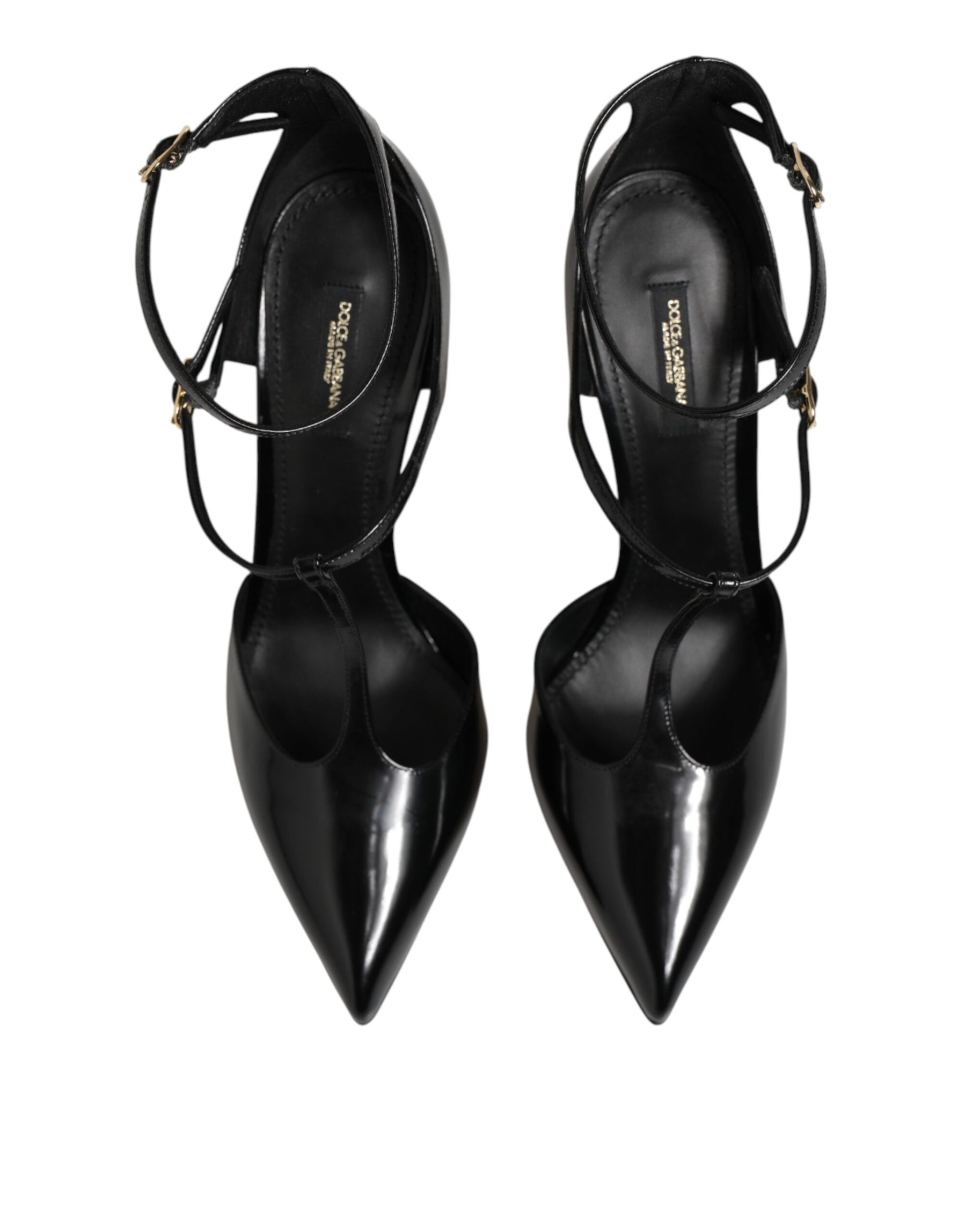 Dolce & Gabbana Black Leather T-STRAPS Heels Sandals Shoes | Regal Royce