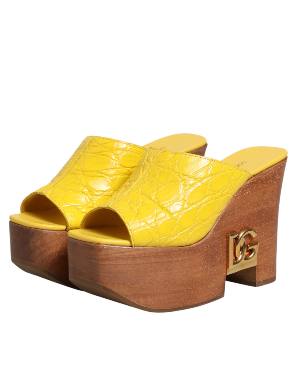 Dolce & Gabbana Yellow Leather Wood Mule Wedge Slides Shoes