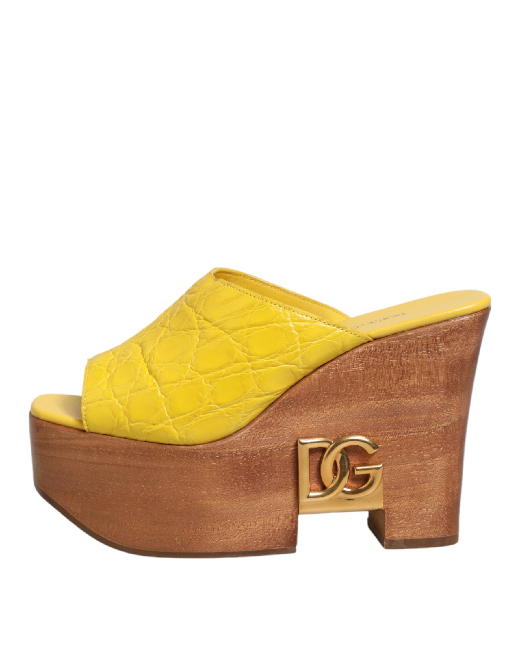 Dolce & Gabbana Yellow Leather Wood Mule Wedge Slides Shoes | Regal Royce