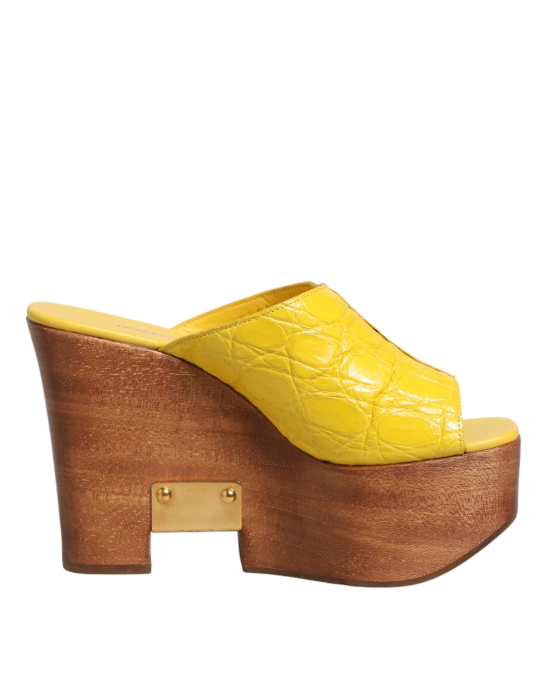 Dolce & Gabbana Yellow Leather Wood Mule Wedge Slides Shoes | Regal Royce