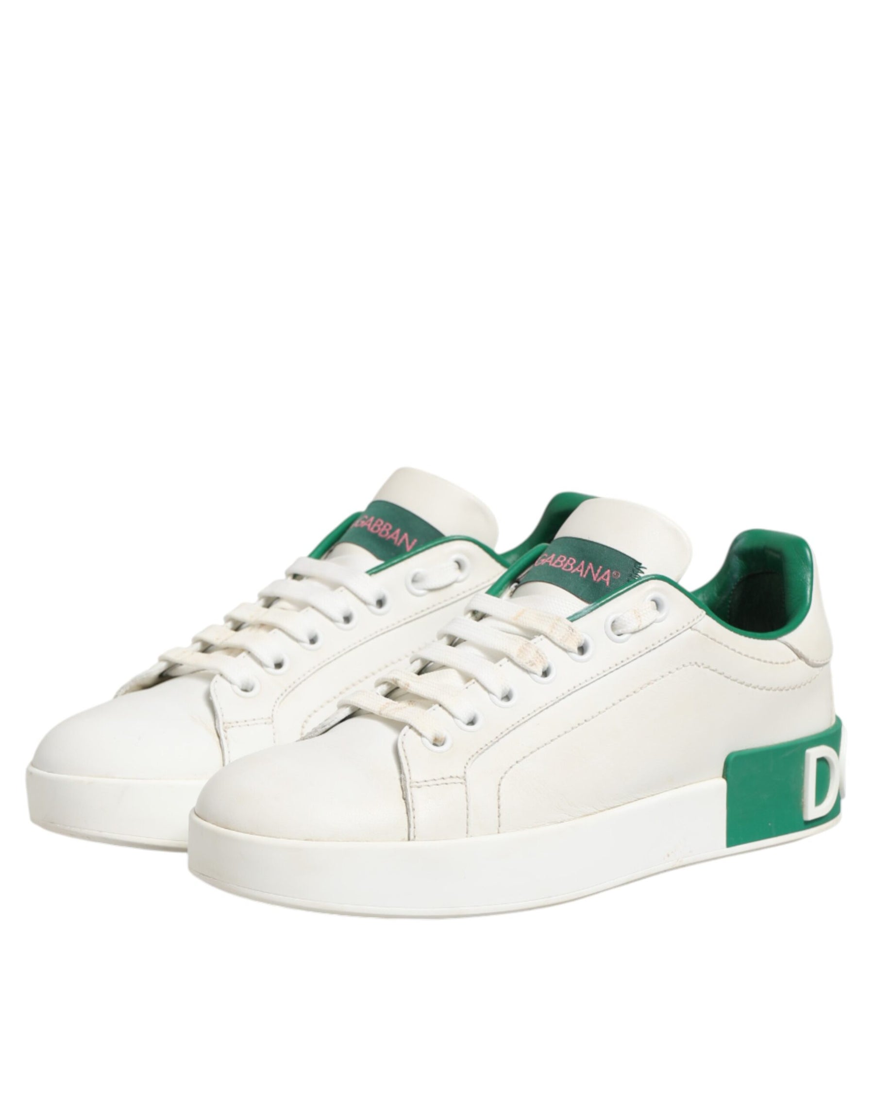 Dolce & Gabbana White Green Leather Low Top Sneakers Shoes | Regal Royce