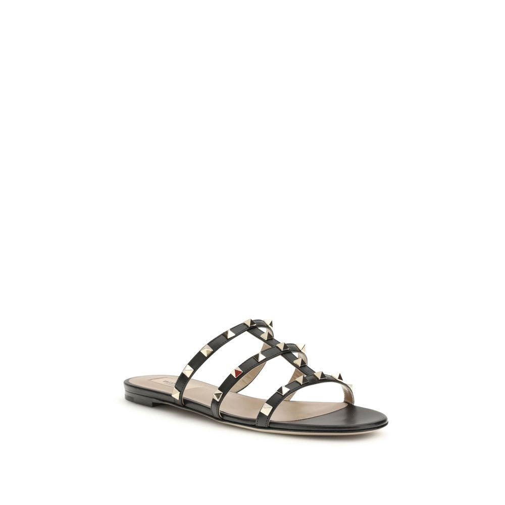 Valentino Garavani Black Calf Leather Bos Taurus Flat Sandals | Regal Royce