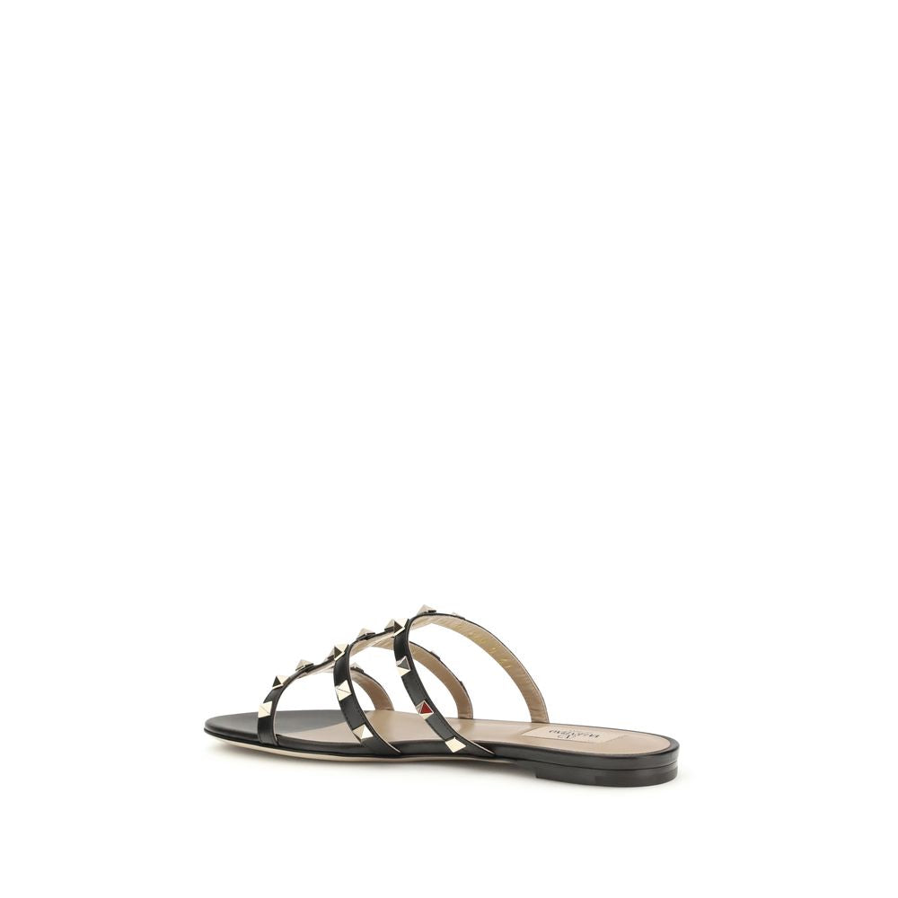 Valentino Garavani Black Calf Leather Bos Taurus Flat Sandals | Regal Royce