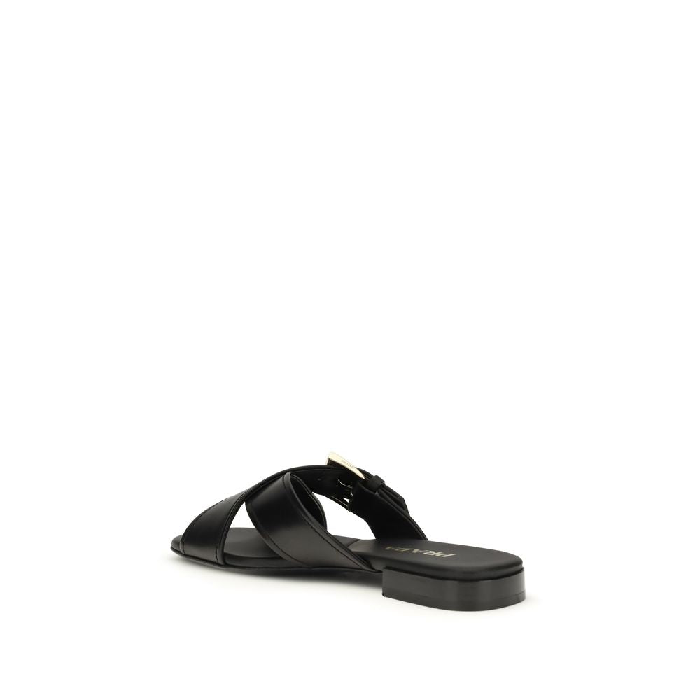 Prada Black Calf Leather Bos Taurus Flat Sandals