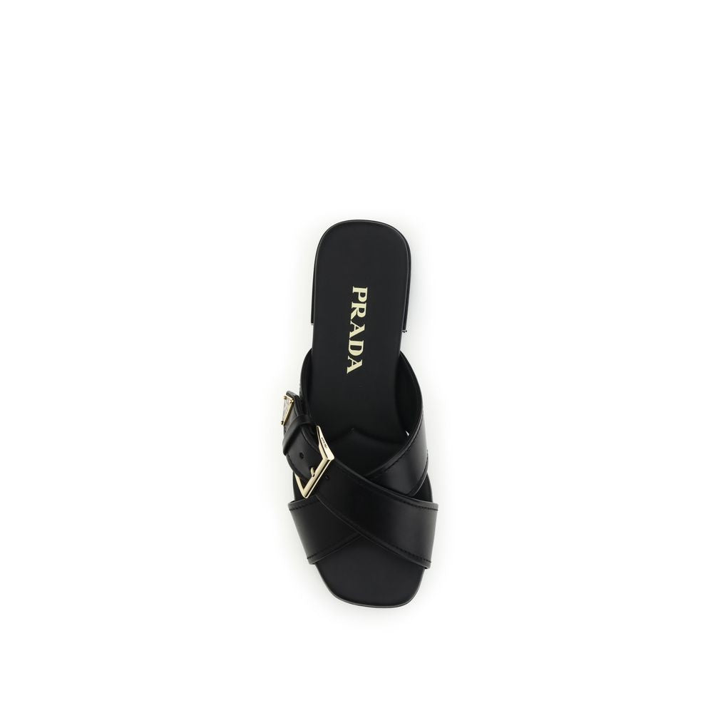 Prada Black Calf Leather Bos Taurus Flat Sandals | Regal Royce