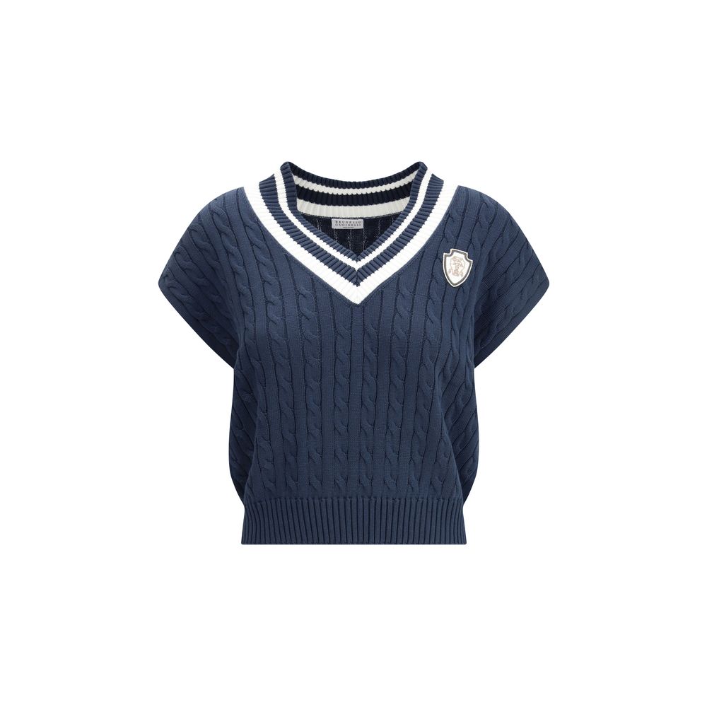 Brunello Cucinelli Blue Cotton Sleeveles Sweater | Regal Royce