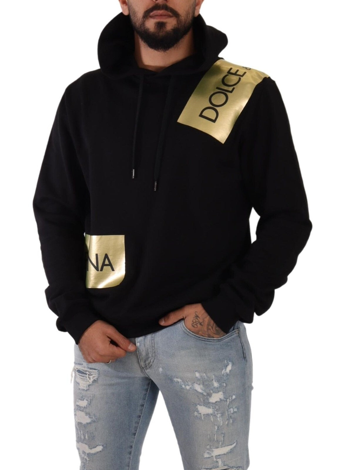 Dolce & Gabbana Black Gold Hooded Cotton Mens Pullover Sweater | Regal Royce