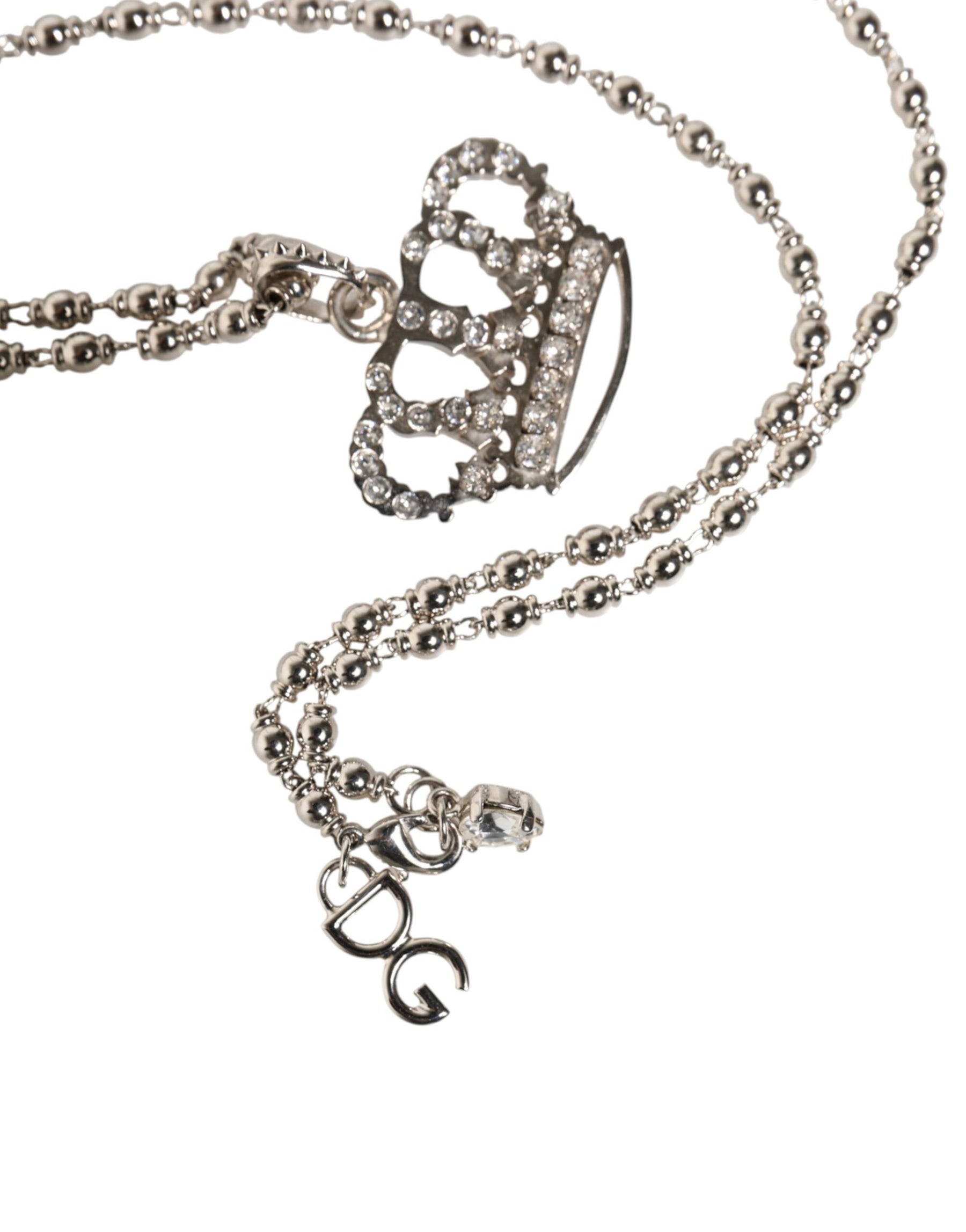 Dolce & Gabbana Silver Tone Brass Chain Crown Crystal Pendant  Necklace | Regal Royce