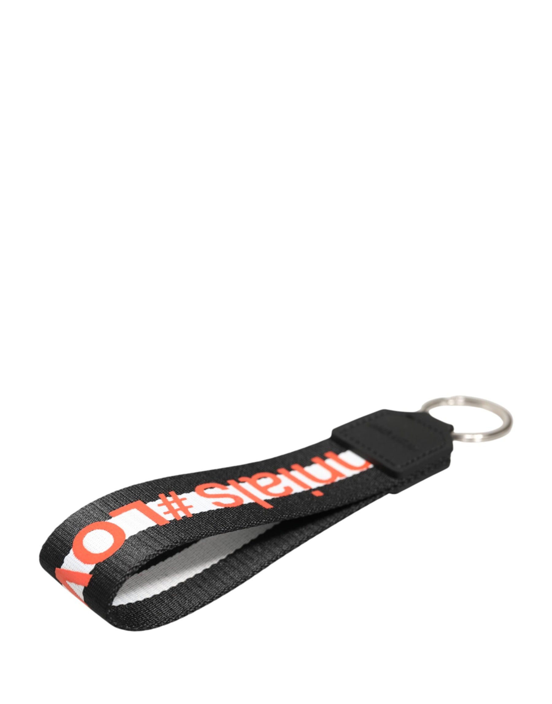 Dolce & Gabbana Black Logo Polyester Silver Brass Holder Keychain Keyring | Regal Royce