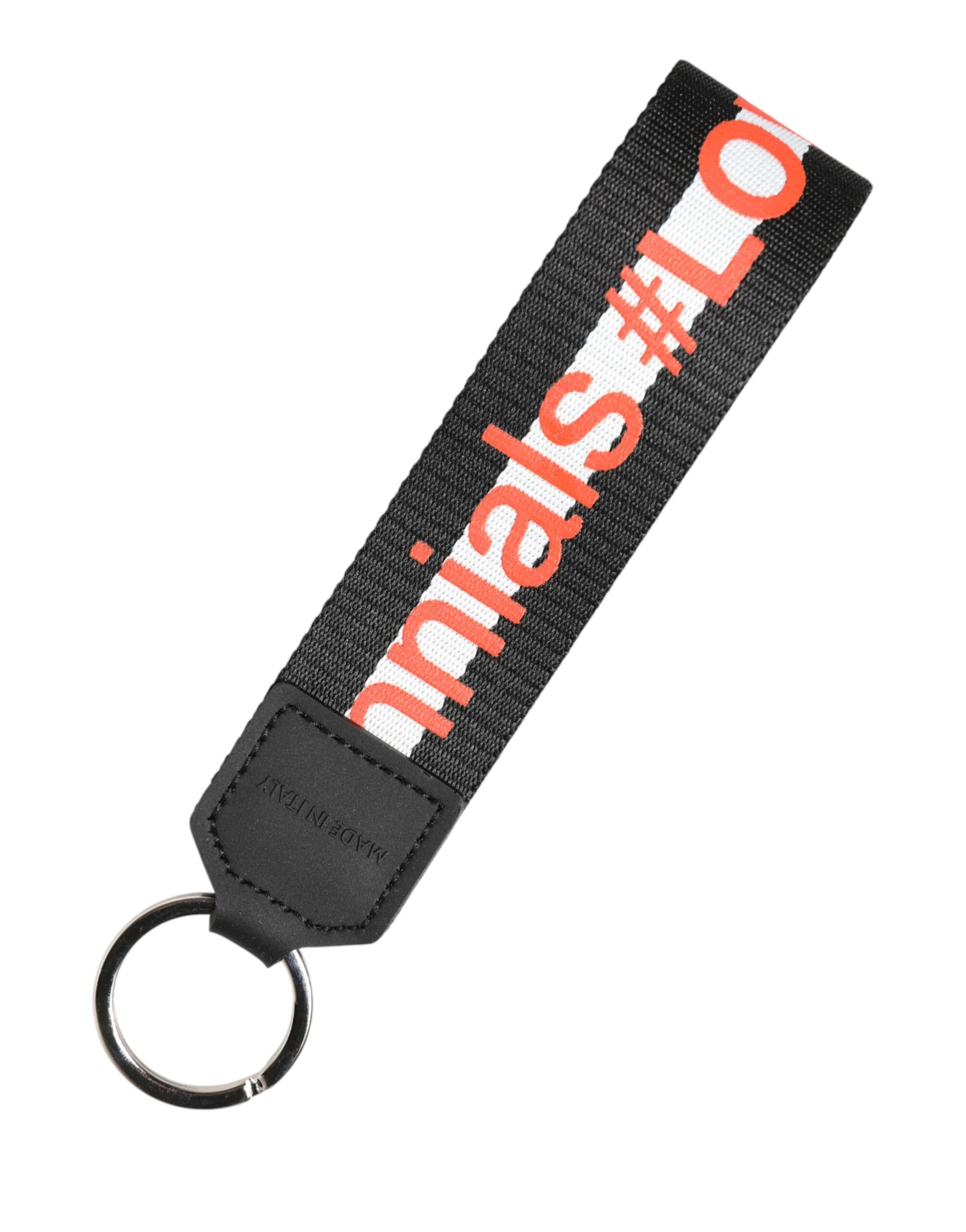 Dolce & Gabbana Black Logo Polyester Silver Brass Holder Keychain Keyring | Regal Royce