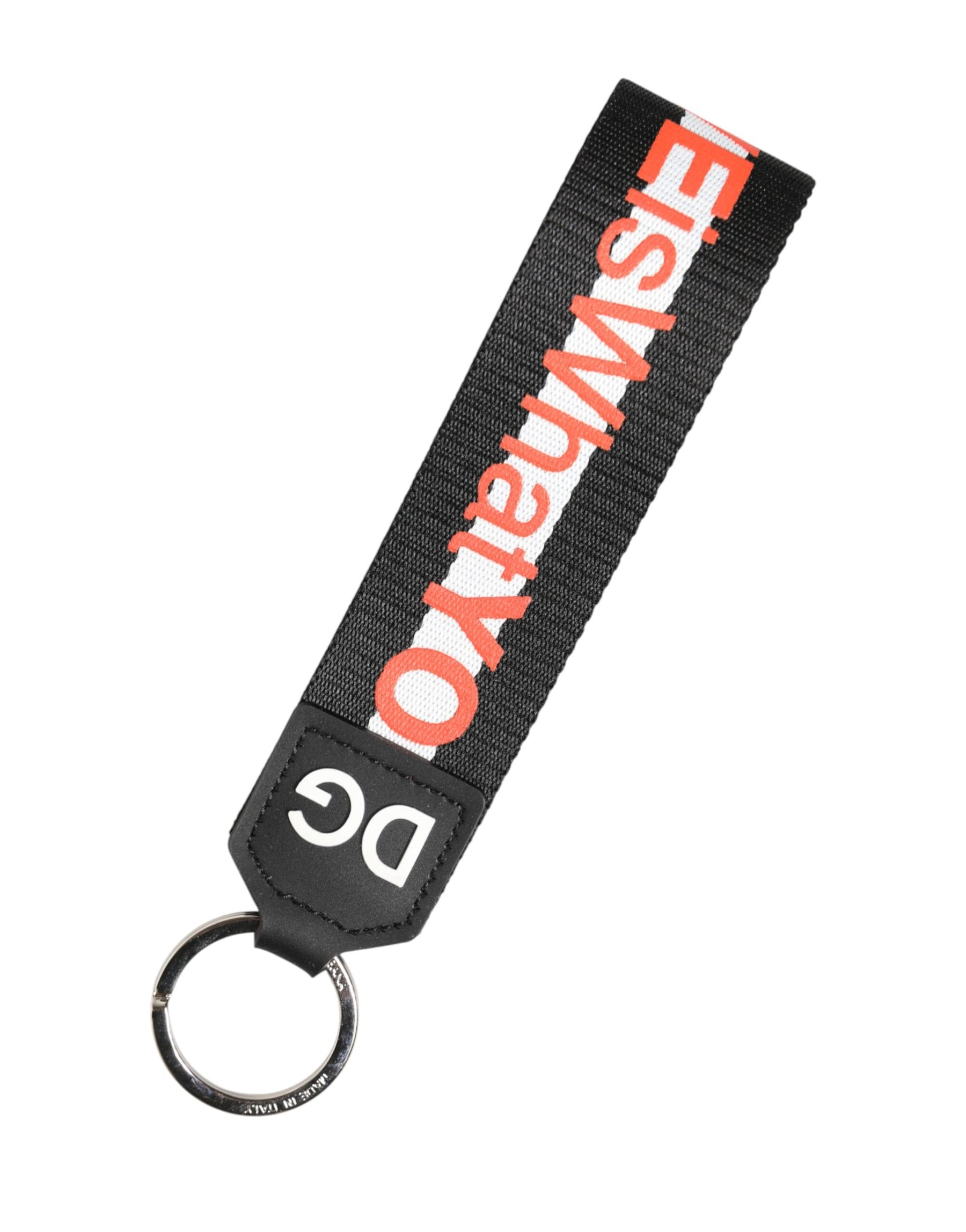 Dolce & Gabbana Black Logo Polyester Silver Brass Holder Keychain Keyring | Regal Royce