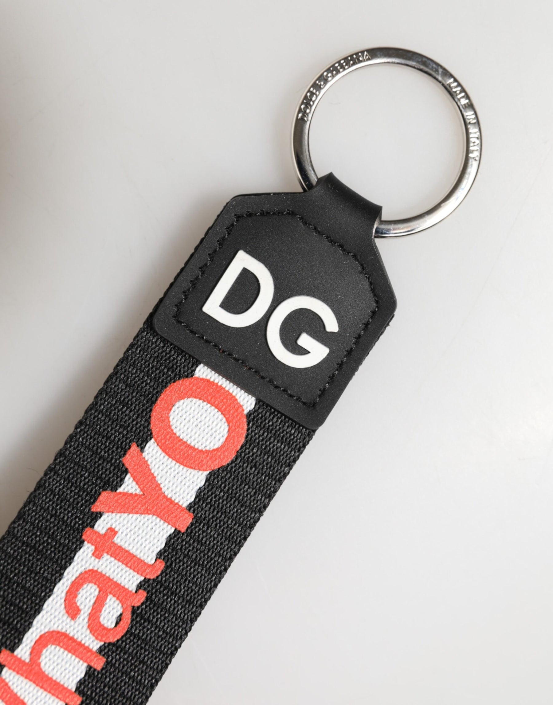 Dolce & Gabbana Black Logo Polyester Silver Brass Holder Keychain Keyring | Regal Royce