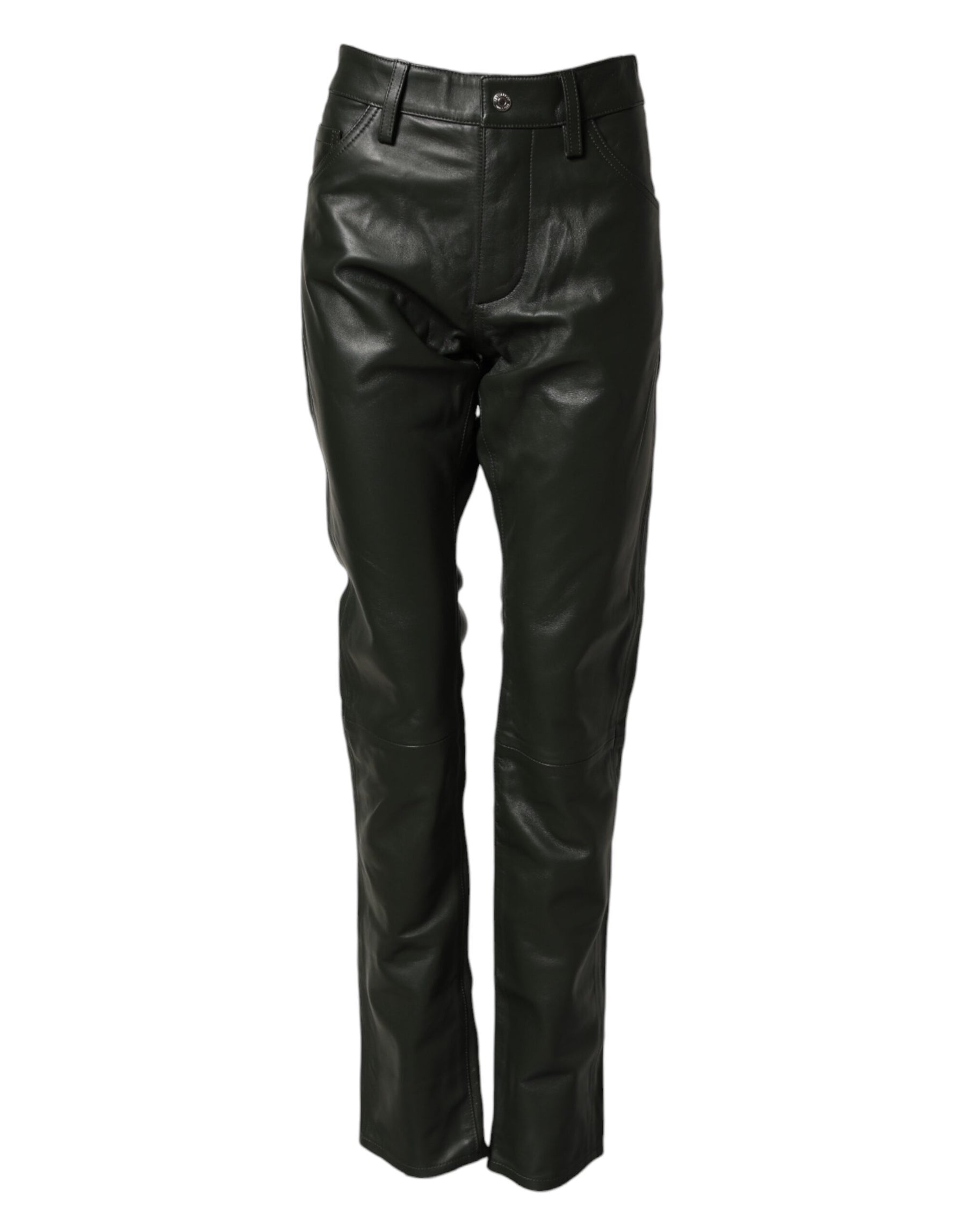 Dsquared² Black Full Grain Leather Mid Waist Trouser Pants | Regal Royce