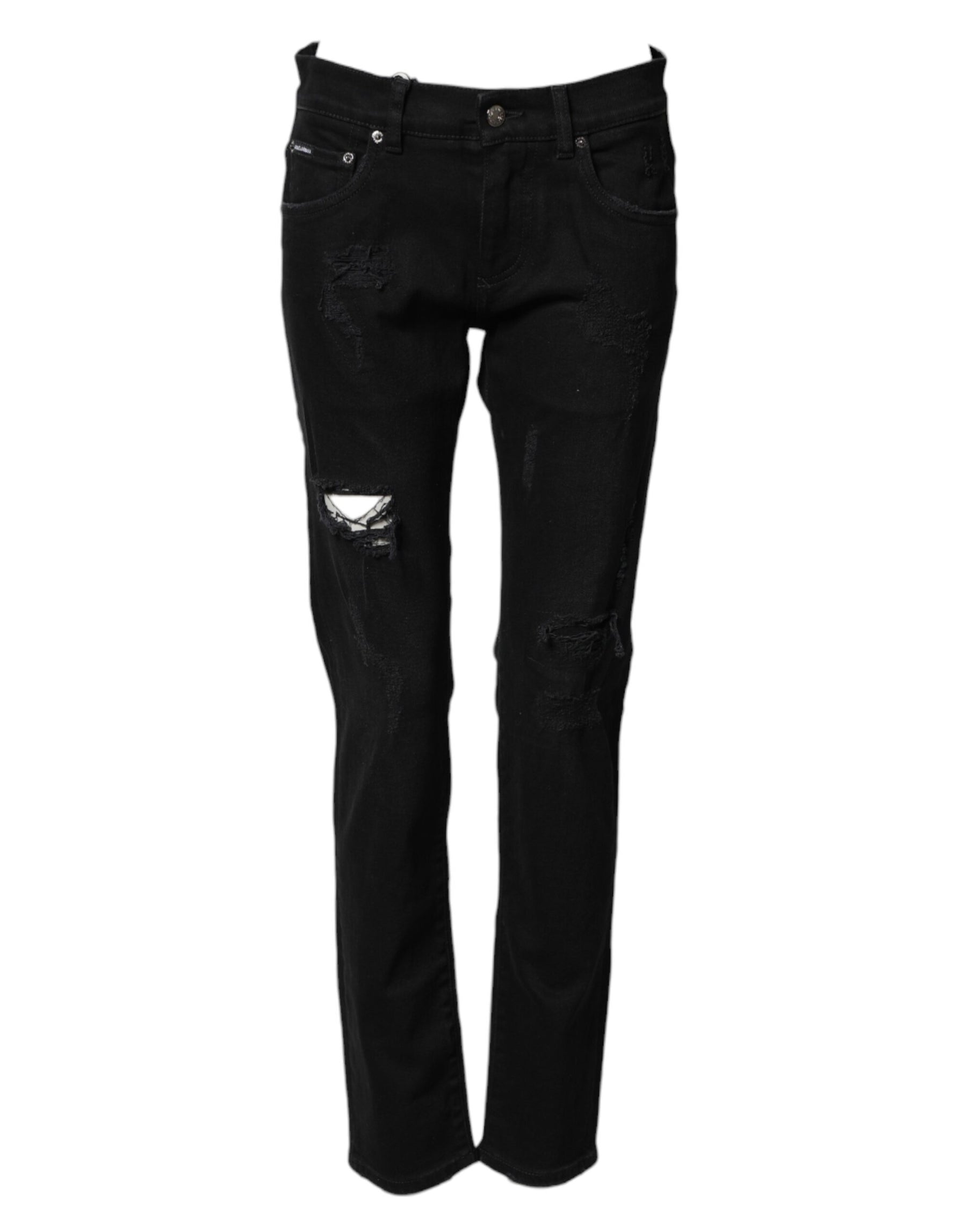 Dolce & Gabbana Black Tattered Cotton Men Skinny Denim Jeans | Regal Royce