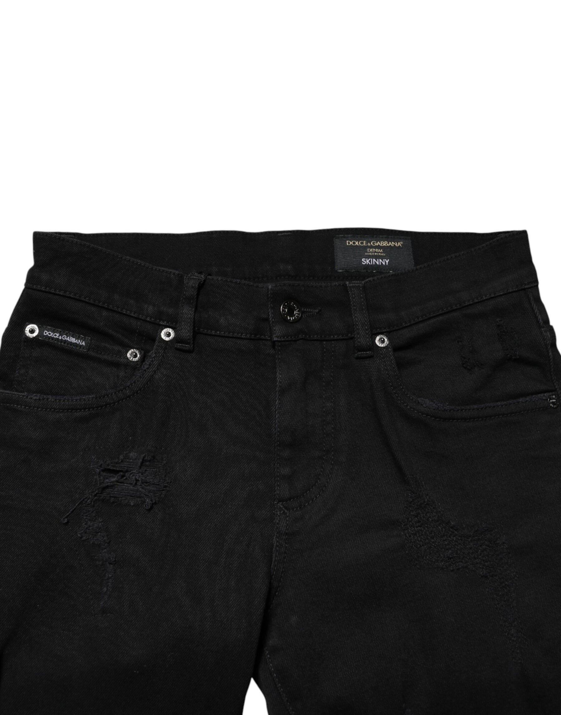 Dolce & Gabbana Black Tattered Cotton Men Skinny Denim Jeans | Regal Royce