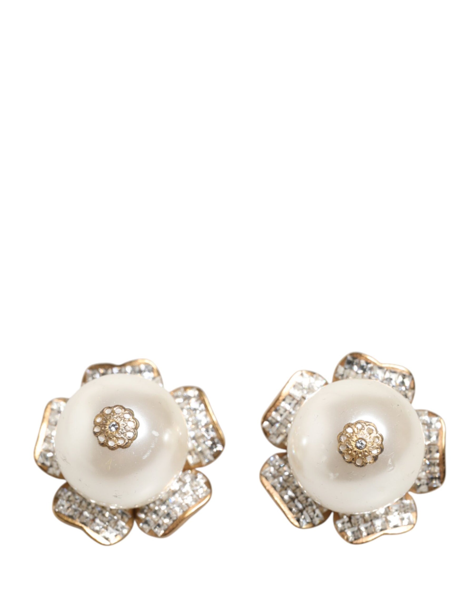 Dolce & Gabbana Gold Tone Maxi Faux Pearl Floral Clip-on Jewelry Earrings | Regal Royce