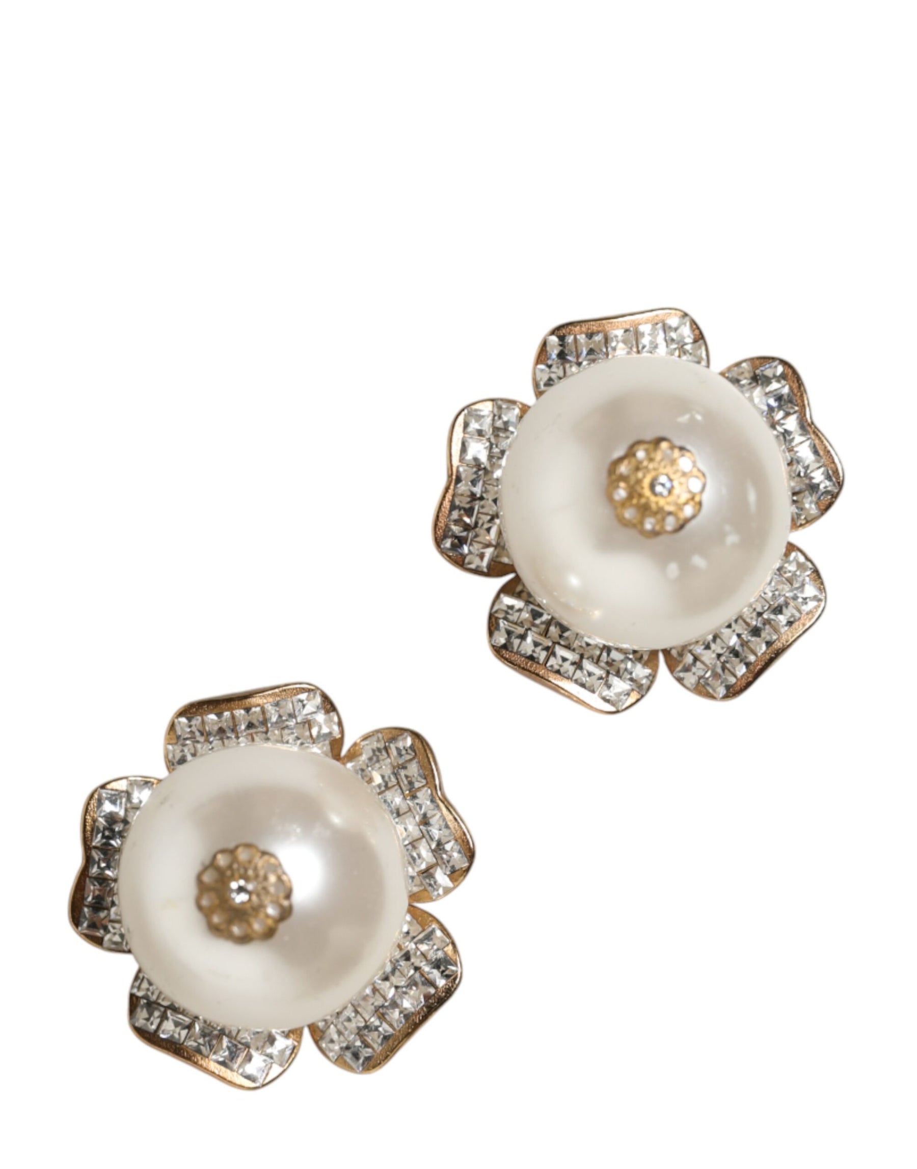 Dolce & Gabbana Gold Tone Maxi Faux Pearl Floral Clip-on Jewelry Earrings | Regal Royce