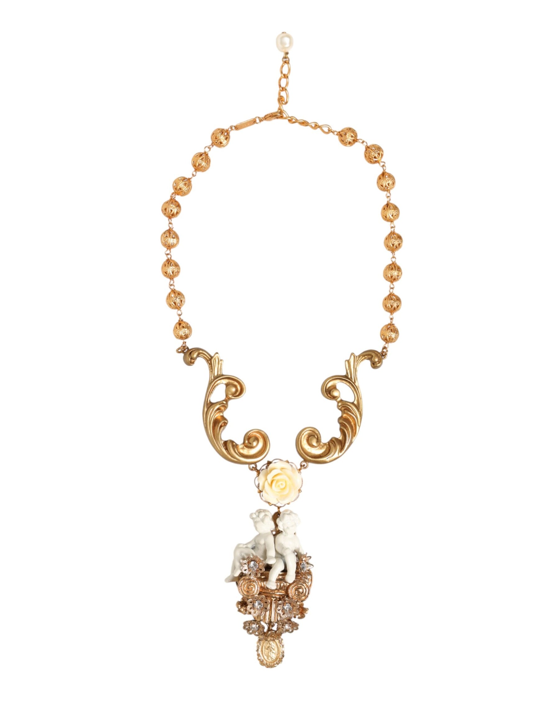 Dolce & Gabbana Gold Ceramic Crystal Cherub Baroque Pendant Necklace | Regal Royce