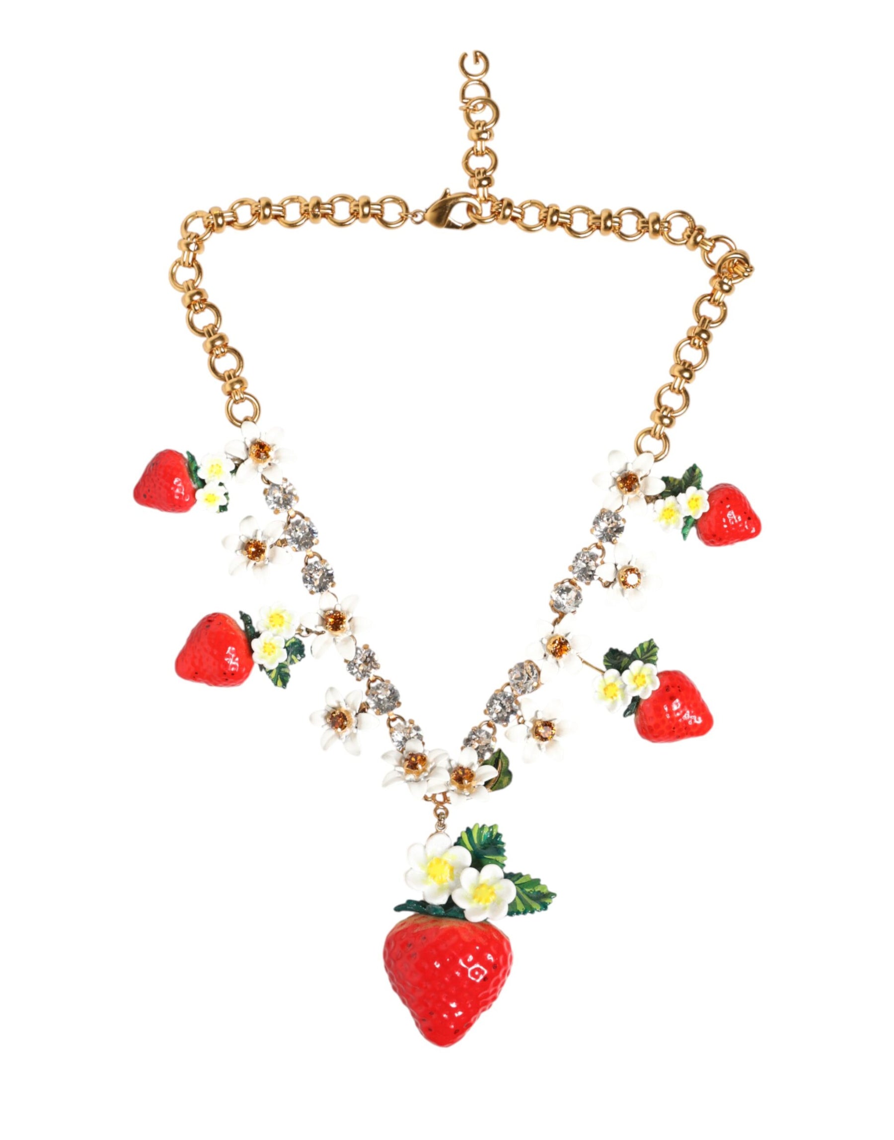 Dolce & Gabbana Gold Brass FRUIT Pendants Flowers Crystal Logo Necklace | Regal Royce