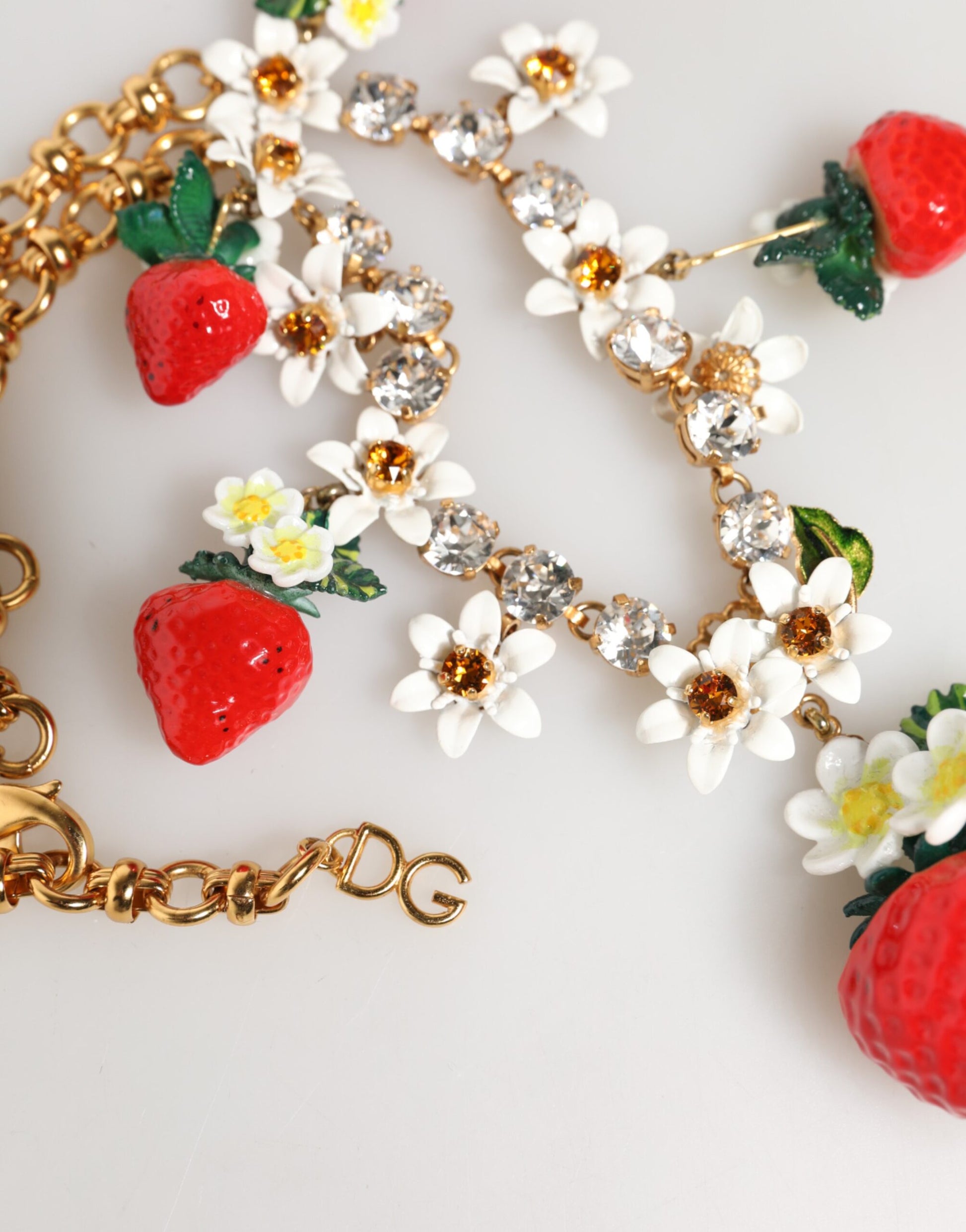 Dolce & Gabbana Gold Brass FRUIT Pendants Flowers Crystal Logo Necklace