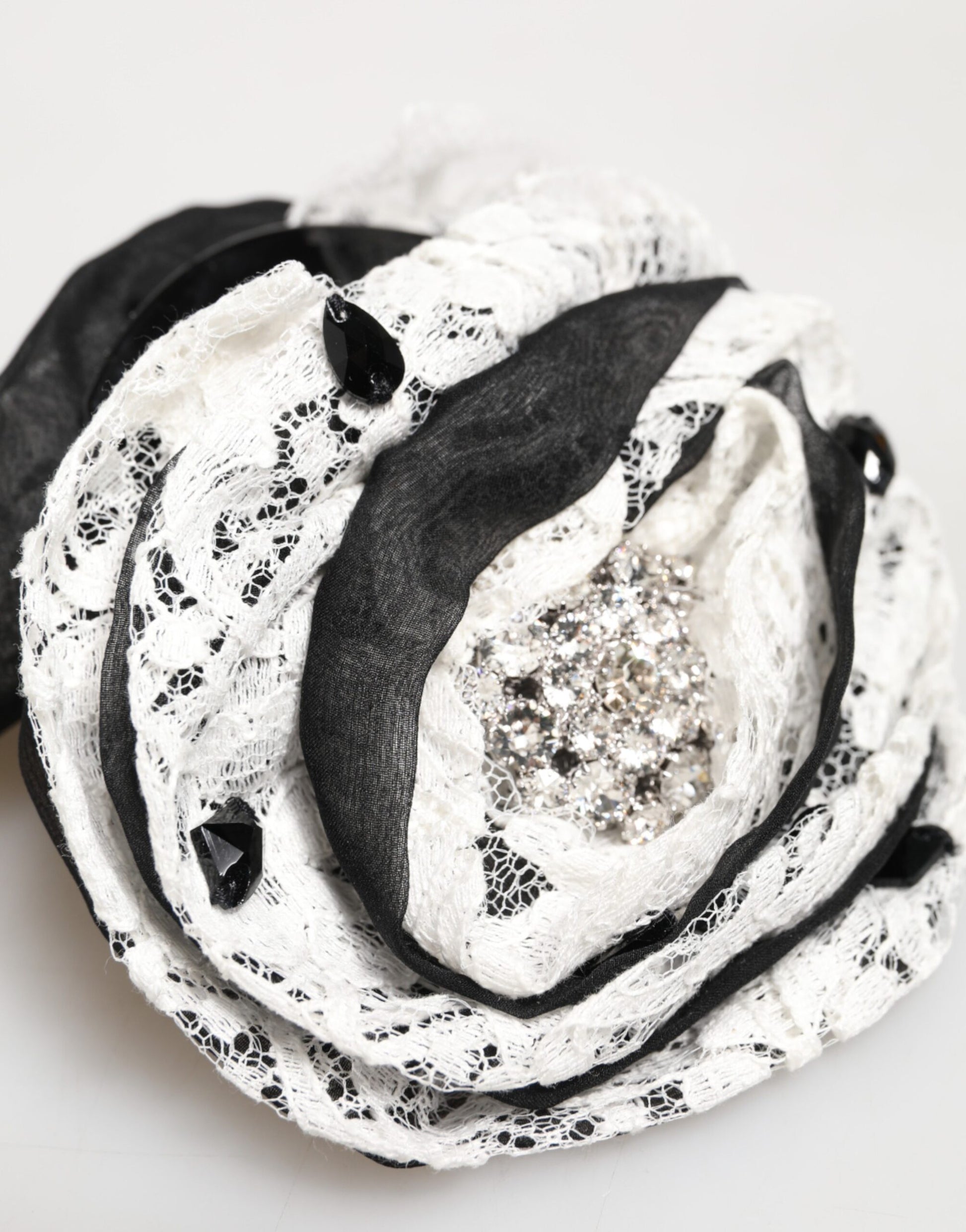 Dolce & Gabbana Black White Silk Floral Lace Crystal Accessory Hair Claw