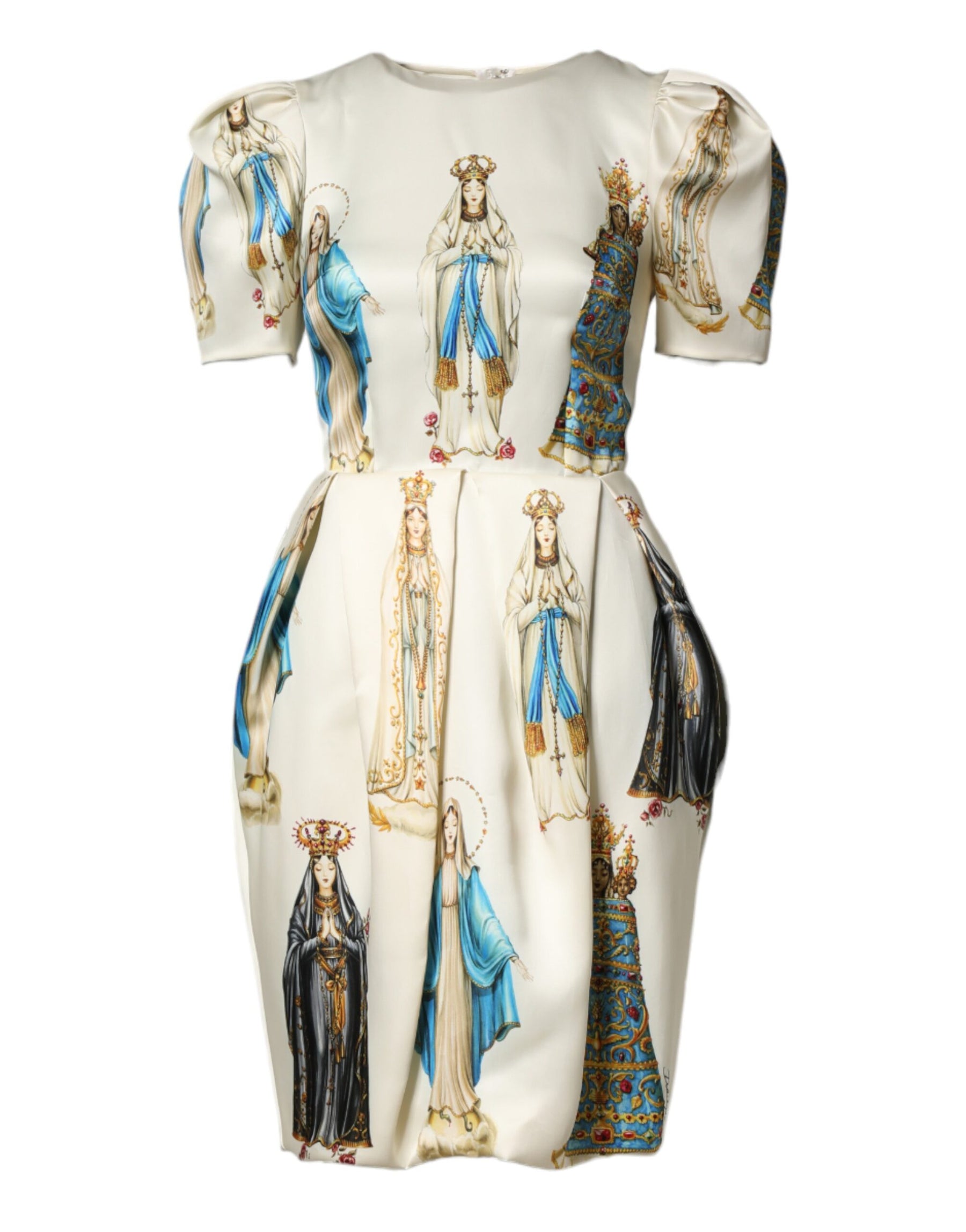 Dolce & Gabbana Beige Madonne Print Silk Short Sleeve Dress | Regal Royce
