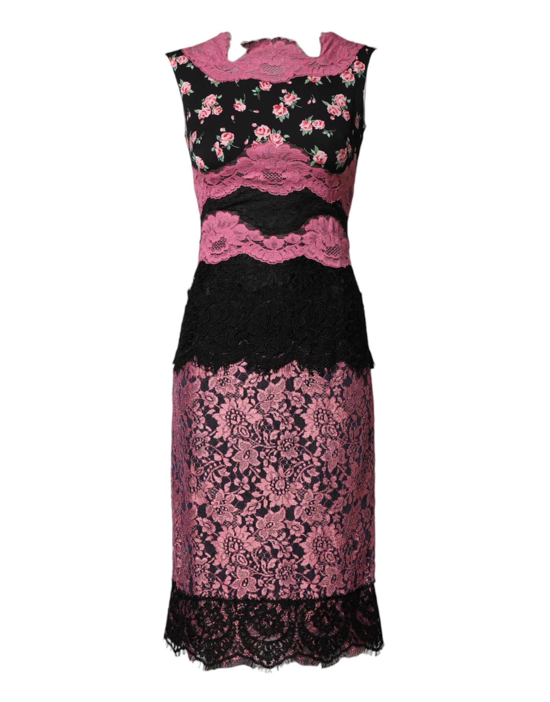 Dolce & Gabbana Black Pink Floral Lace Silk Sheath Dress | Regal Royce