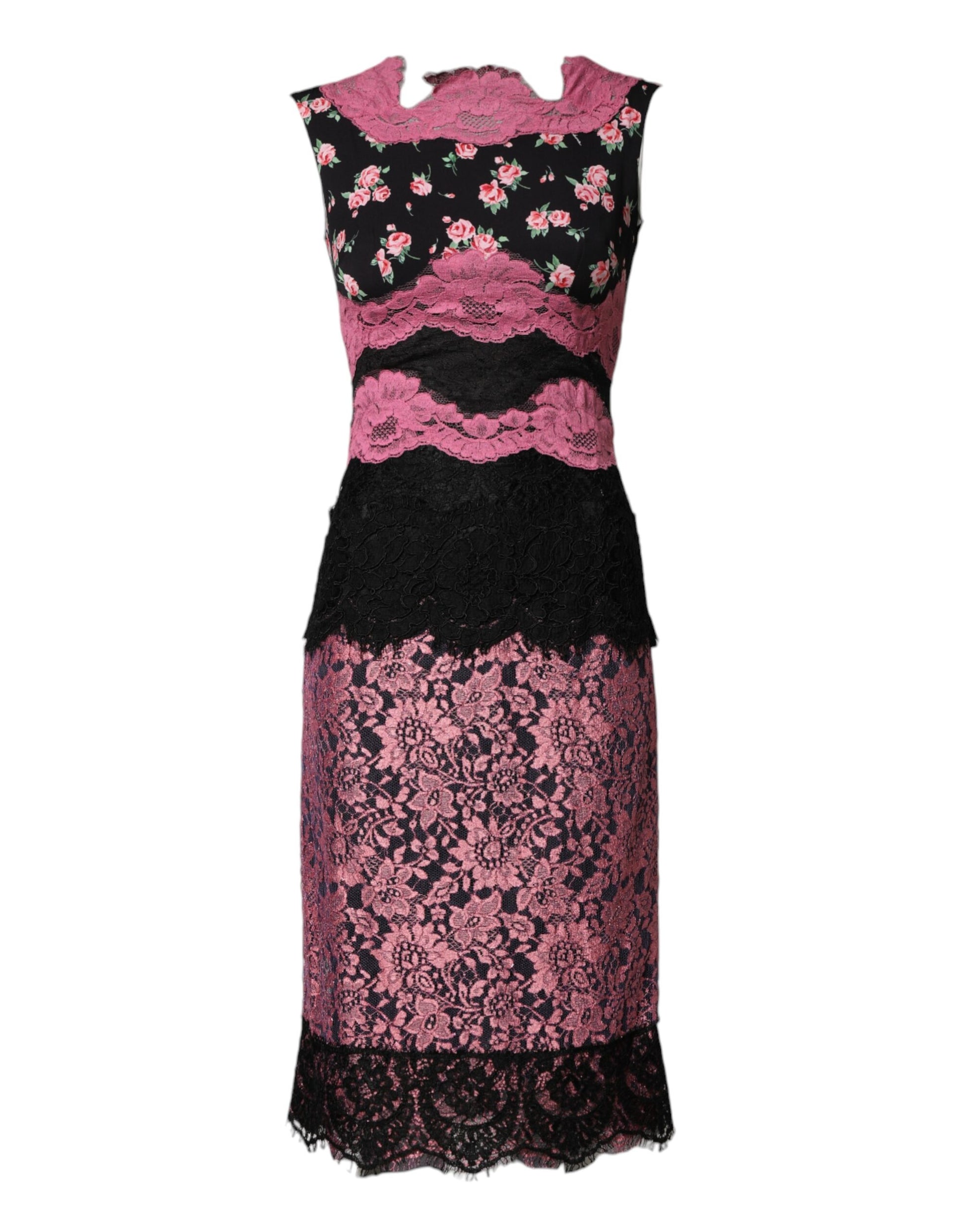 Dolce & Gabbana Black Pink Floral Lace Silk Sheath Dress