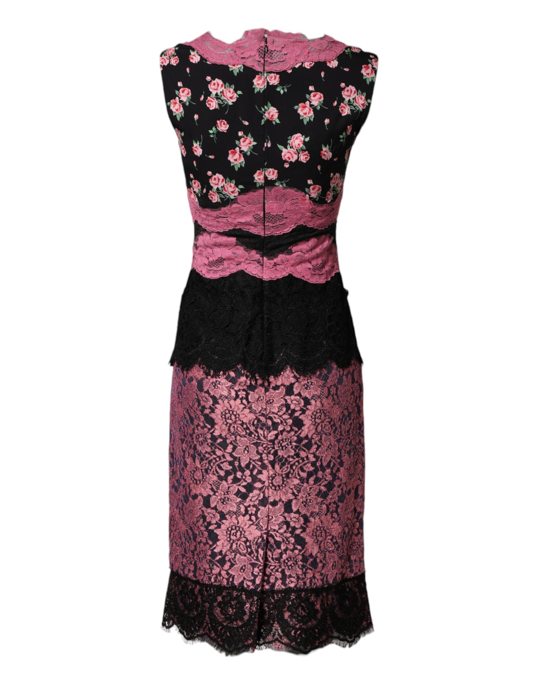 Dolce & Gabbana Black Pink Floral Lace Silk Sheath Dress | Regal Royce