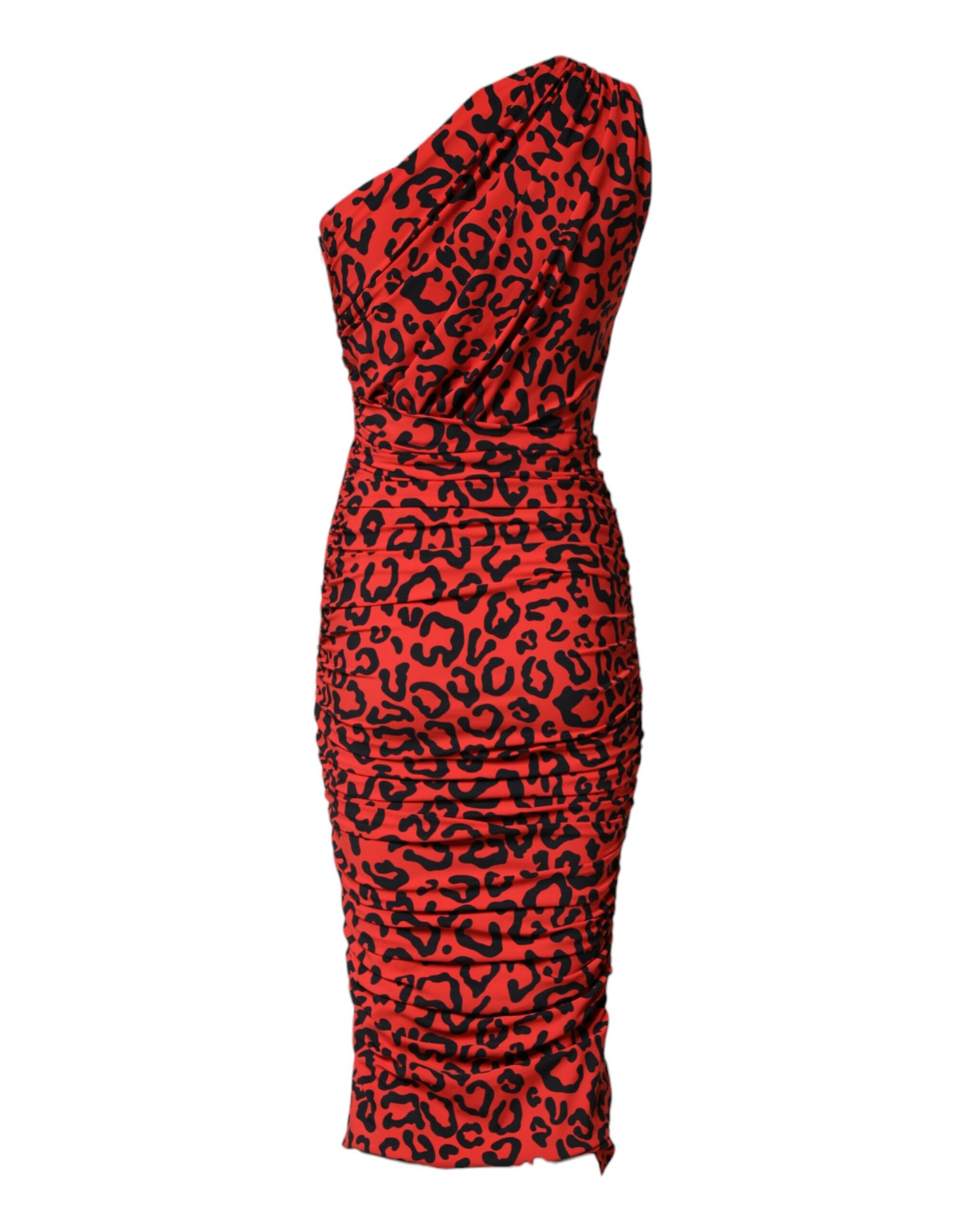 Dolce & Gabbana Red Leopard Print Nylon Sheath Midi Dress