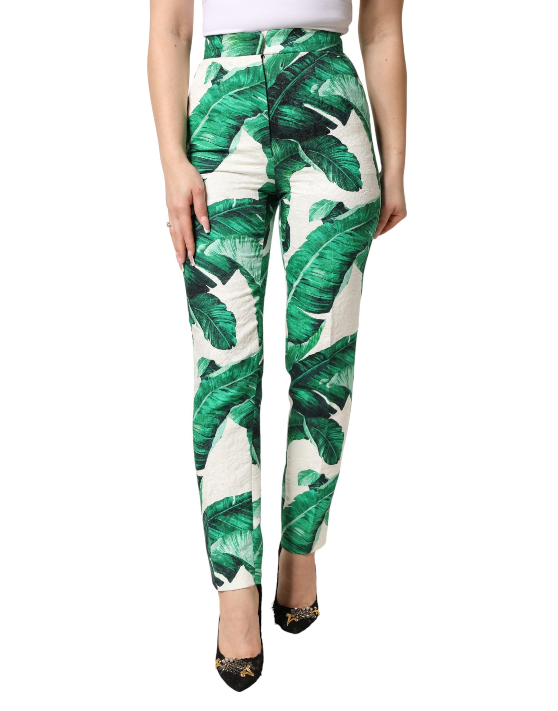 Dolce & Gabbana White Green Leaf High Waist Trousers Pants | Regal Royce