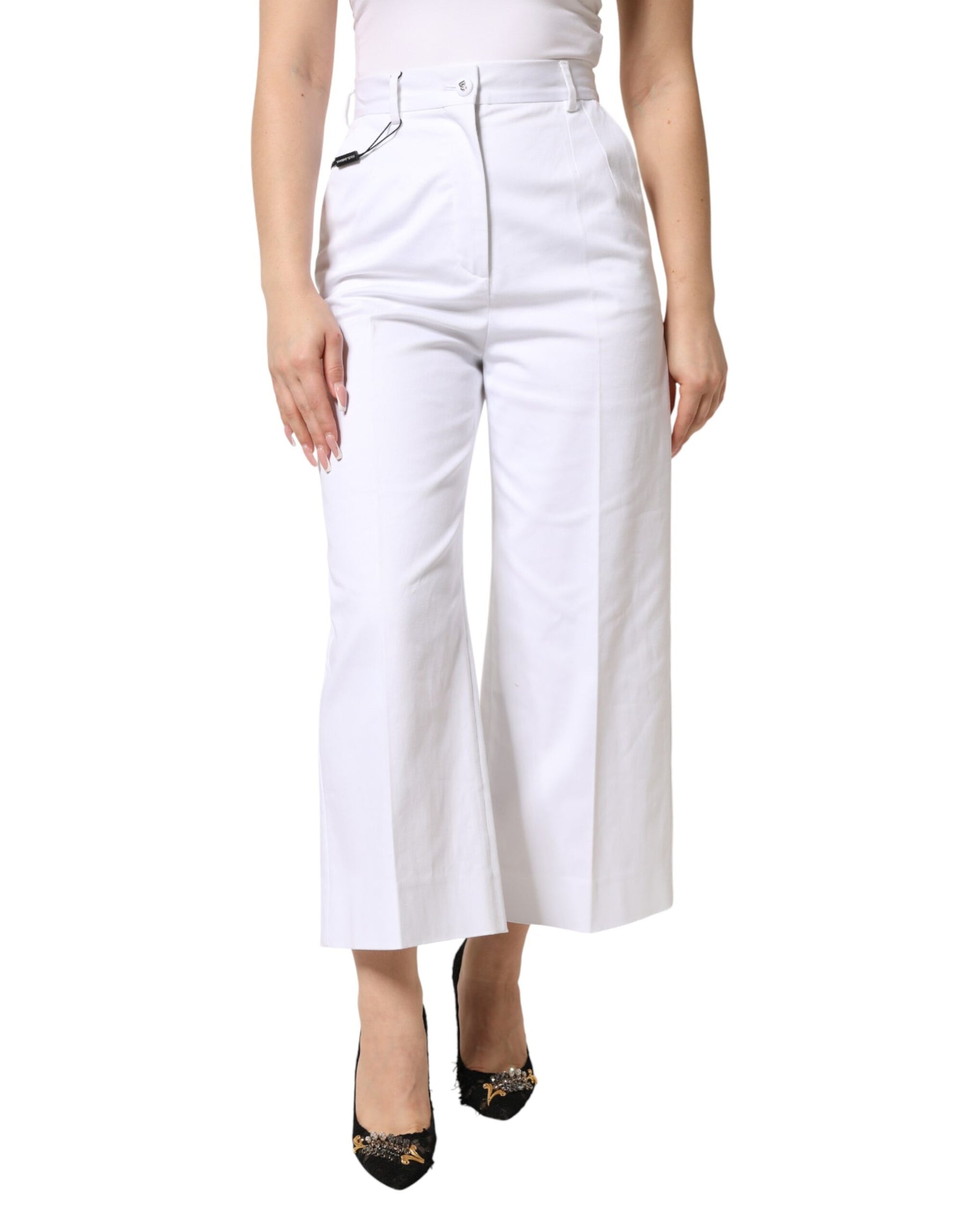 Dolce & Gabbana White Cotton High Waist WideLeg Cropped Pants | Regal Royce