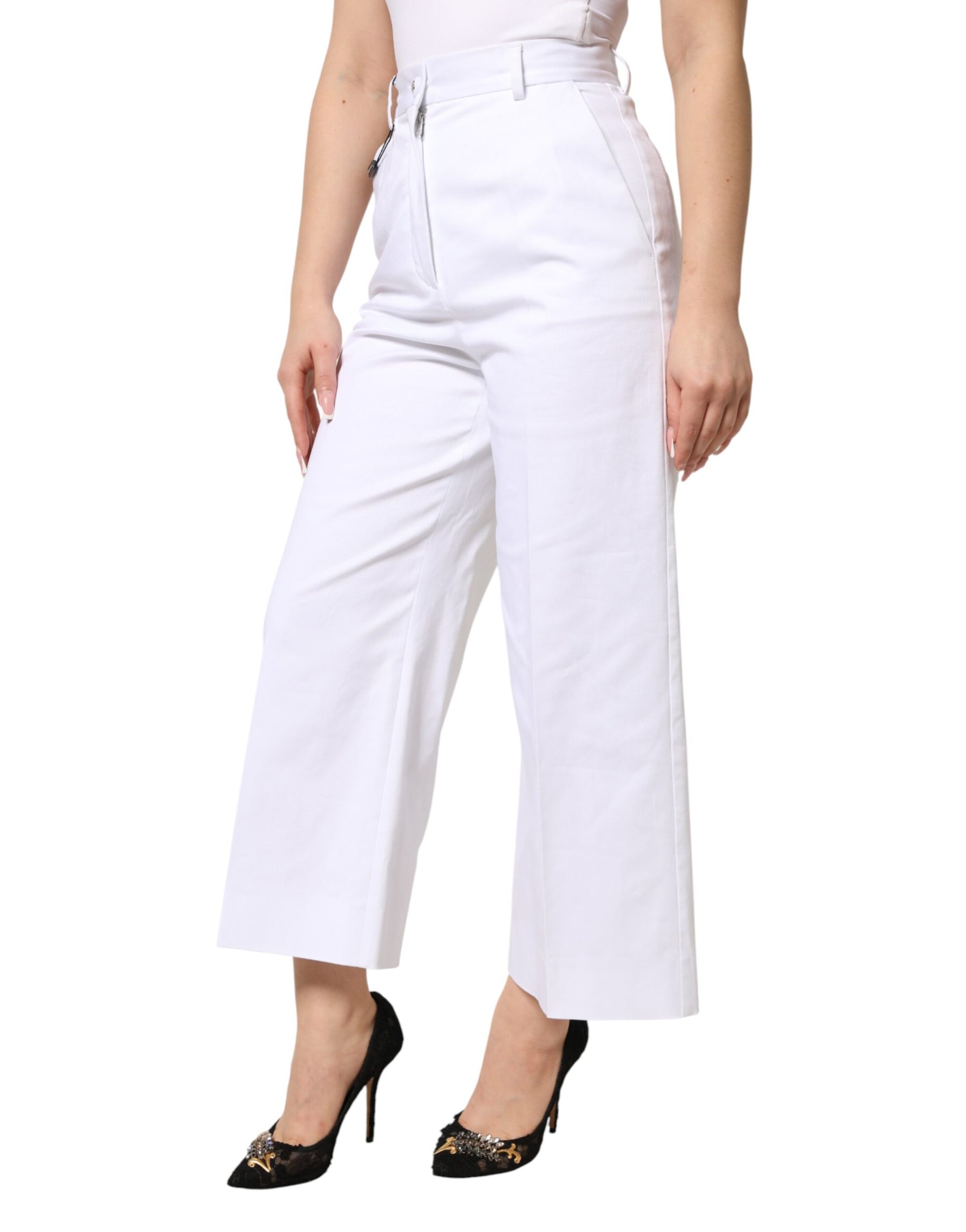 Dolce & Gabbana White Cotton High Waist WideLeg Cropped Pants | Regal Royce