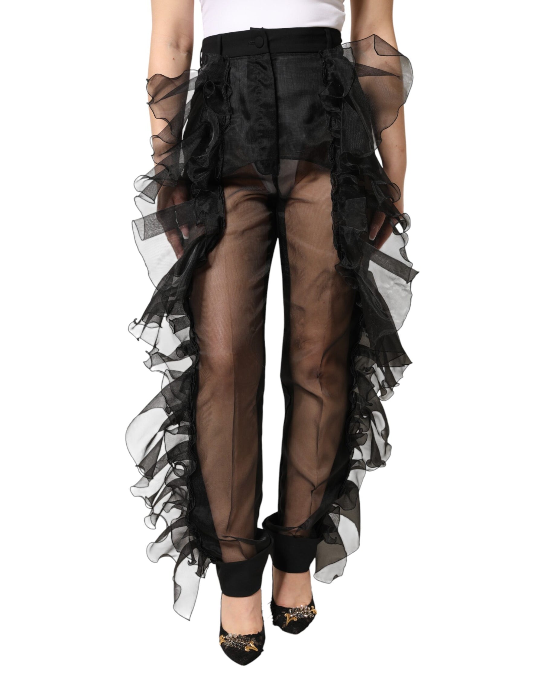 Dolce & Gabbana Black High Waist Tulle Wool Trouser Pants | Regal Royce