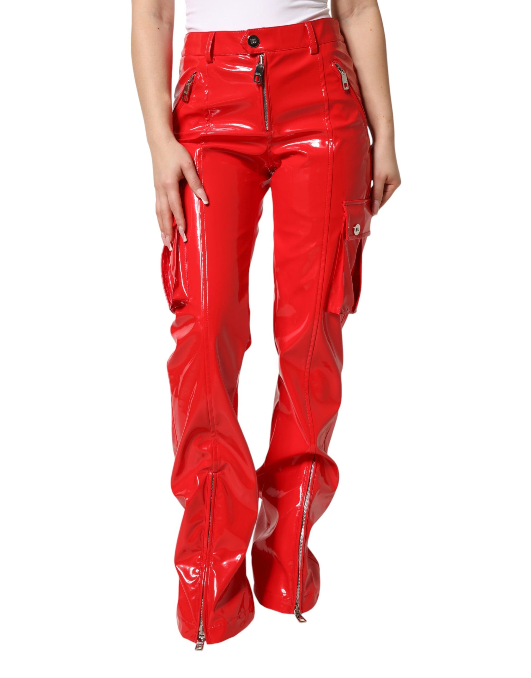 Dolce & Gabbana Red Glossy Polyester Cargo Boot Cut Pants | Regal Royce