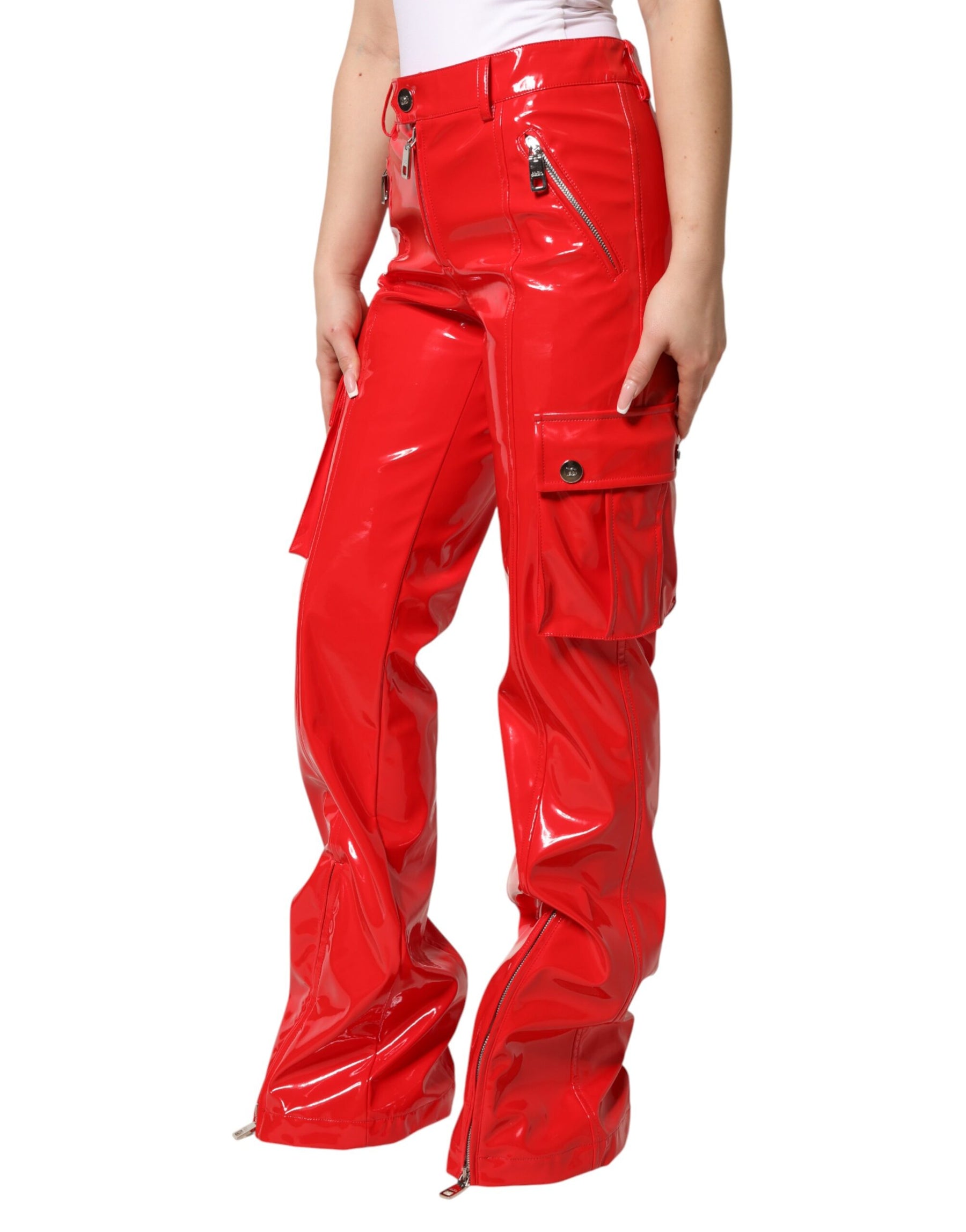 Dolce & Gabbana Red Glossy Polyester Cargo Boot Cut Pants | Regal Royce