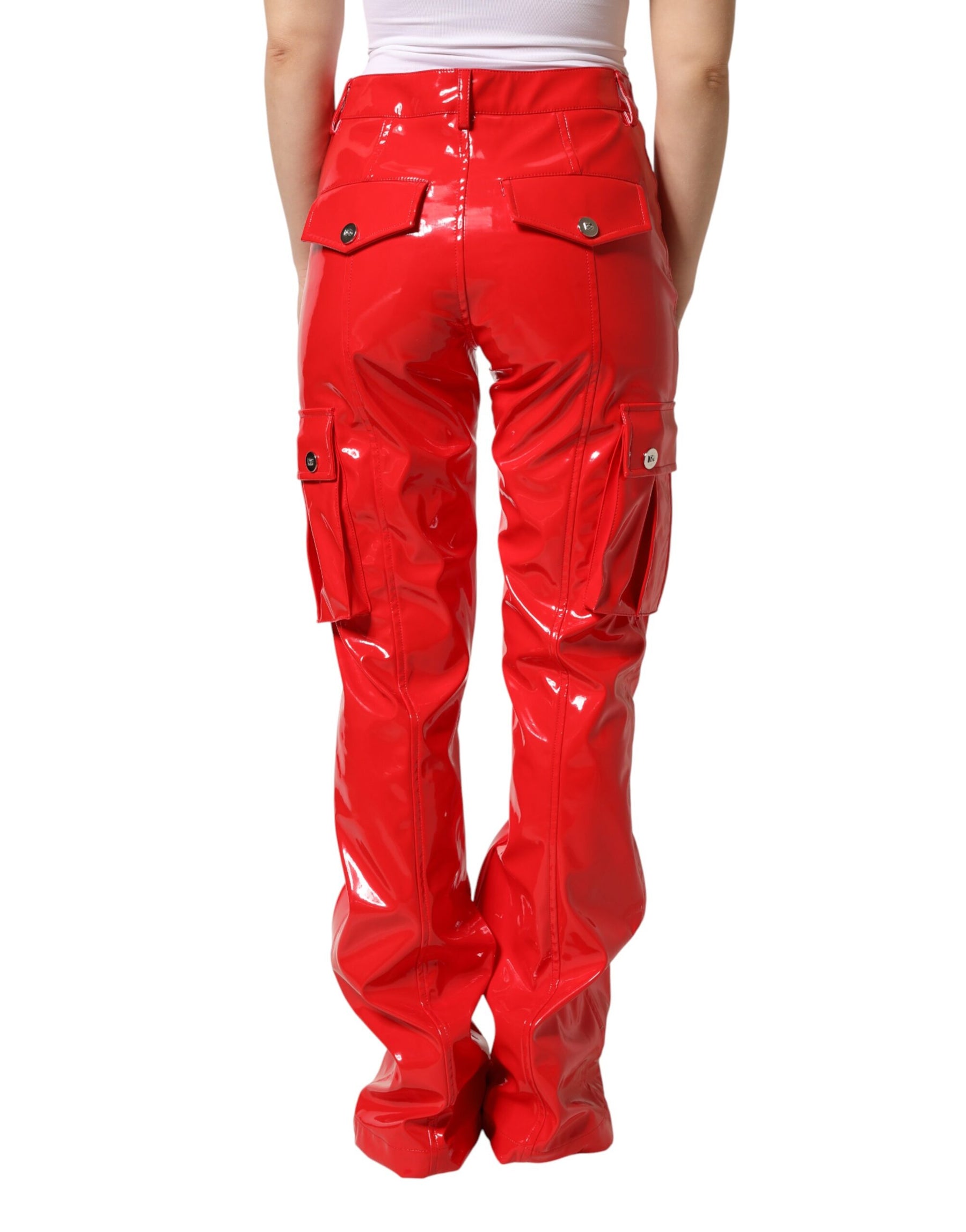 Dolce & Gabbana Red Glossy Polyester Cargo Boot Cut Pants | Regal Royce